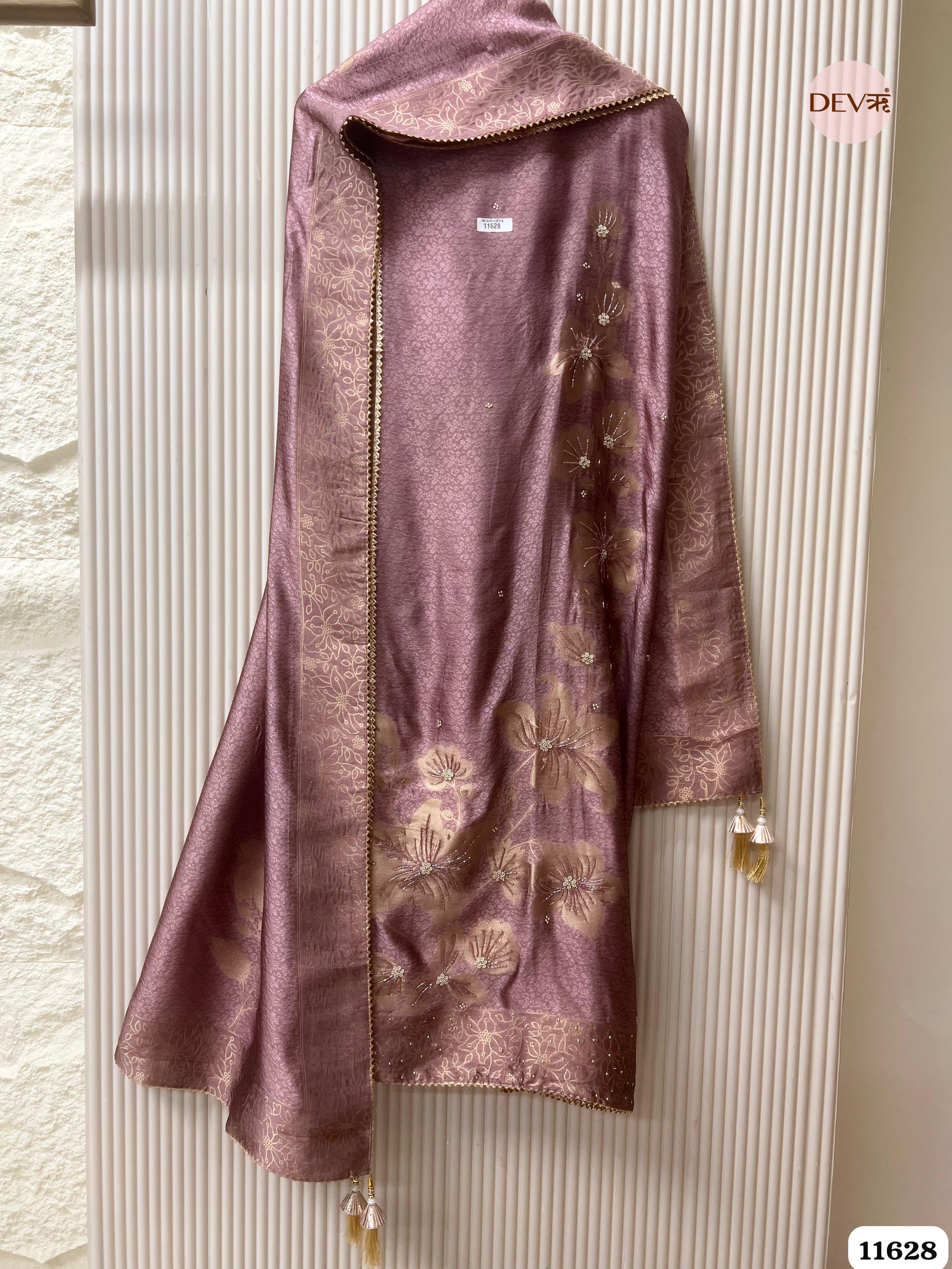 Purple Pure Dola Silk Banarasi Woven Unstitched Hand Embroidered -Set Of 3