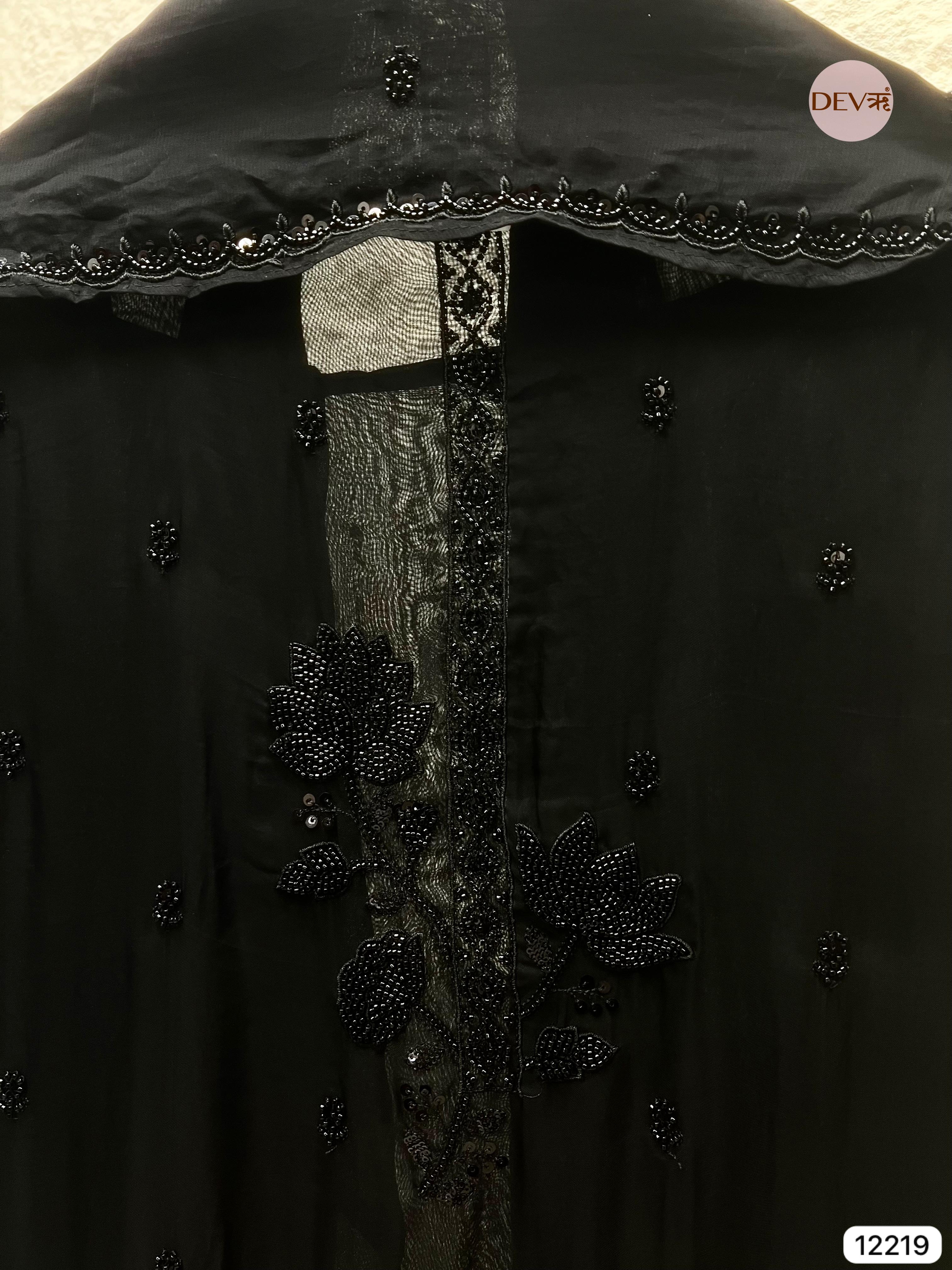 Elegant Black Organza Hand-Embroidered Unstitched 3-Piece Suit (Devri – D.No 12219)