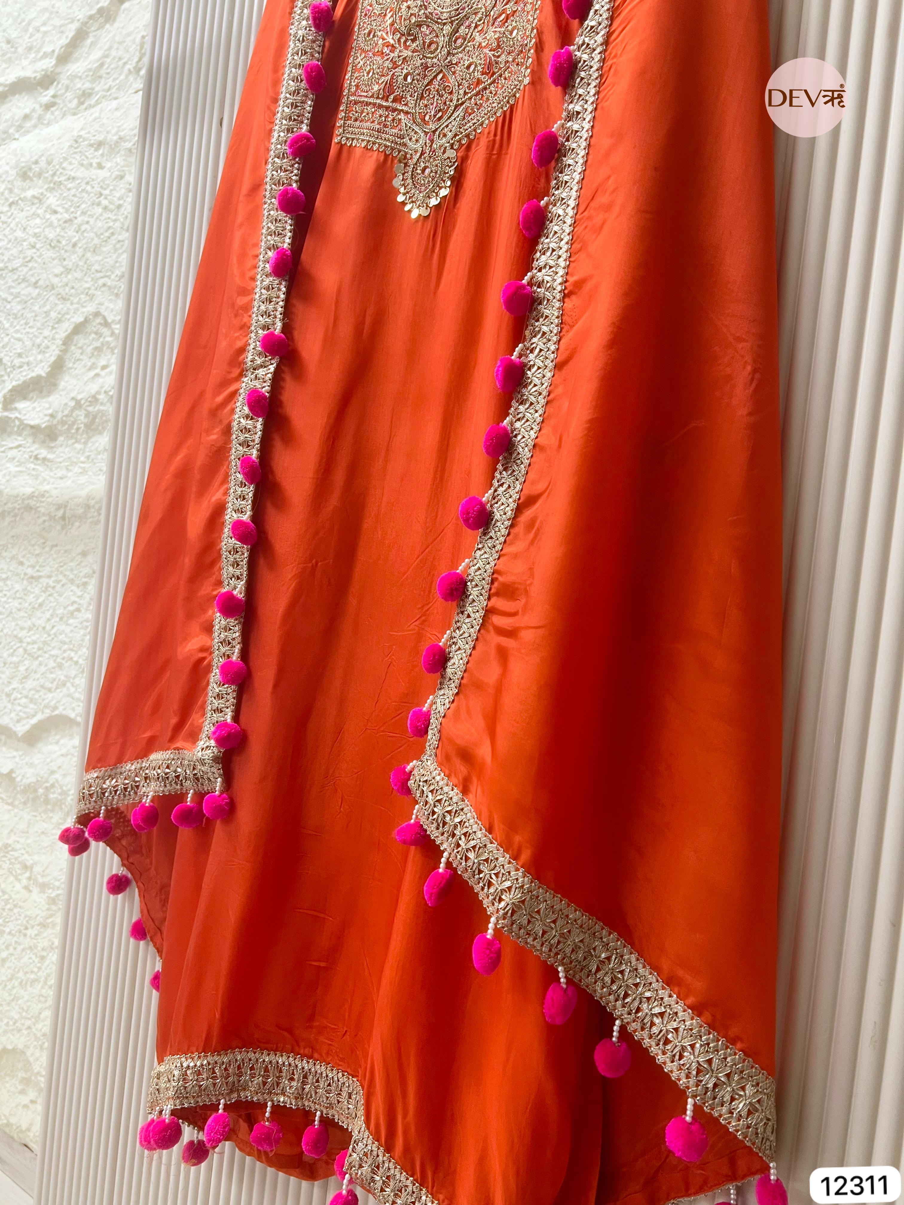 Orange Glass Organza Embroidered Unstitched 3-Piece Suit (Devri – D.No 12311)