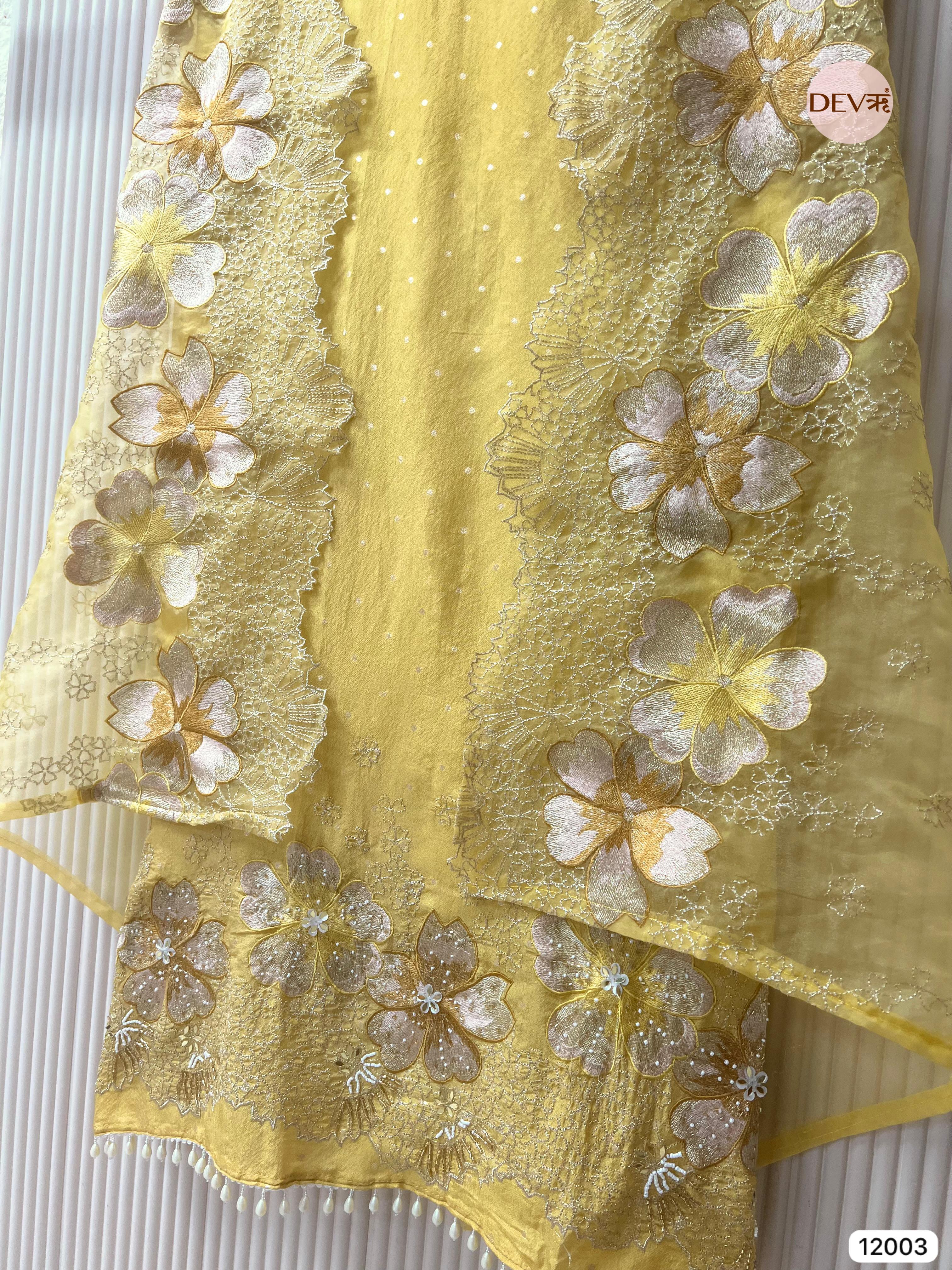 Yellow Tissue Shimmer Silk Unstitched Embroidered -Set Of 3- {12003}