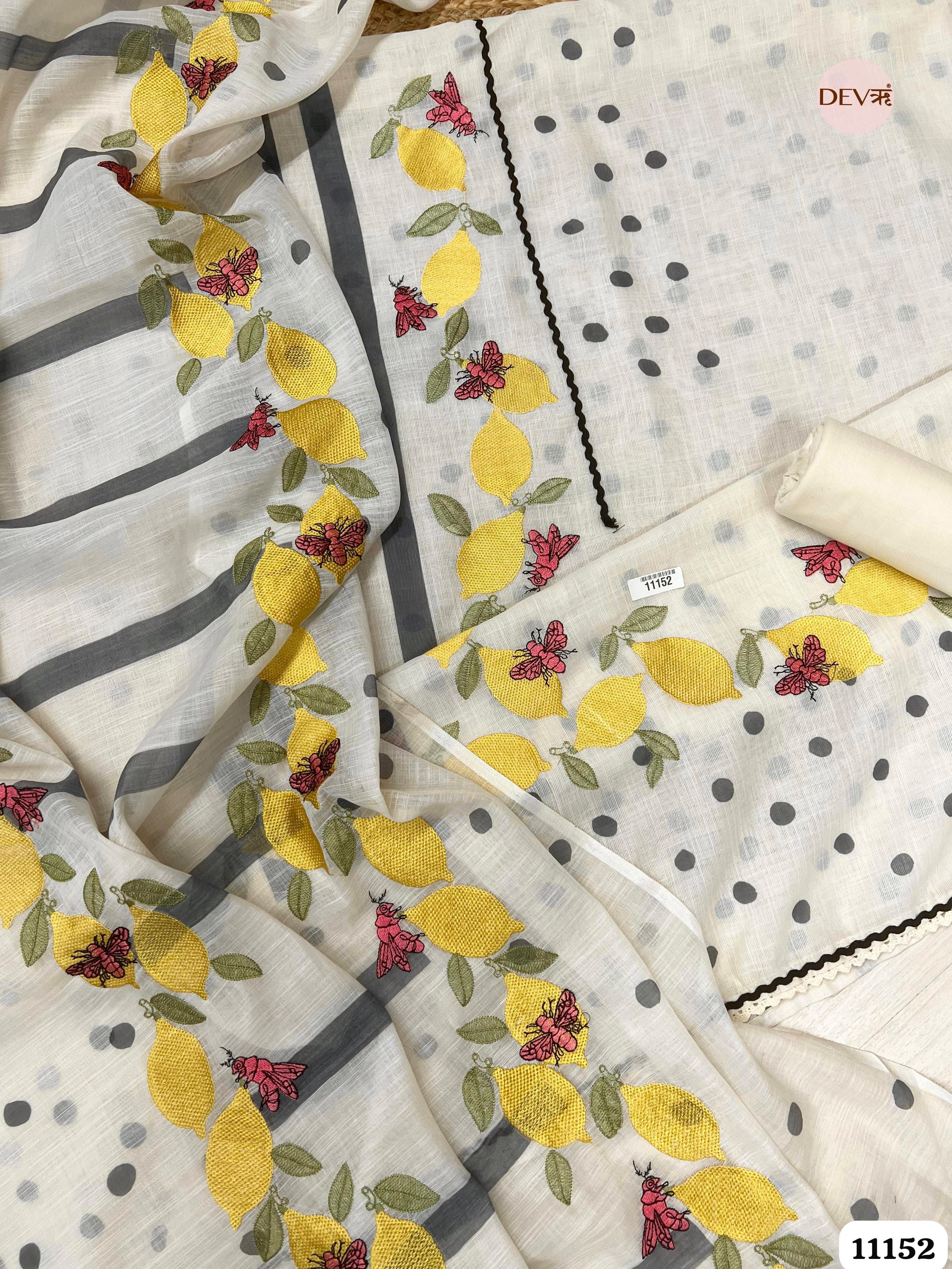 White Linen Unstitched Printed Embroidered -Set Of 3 {11152}