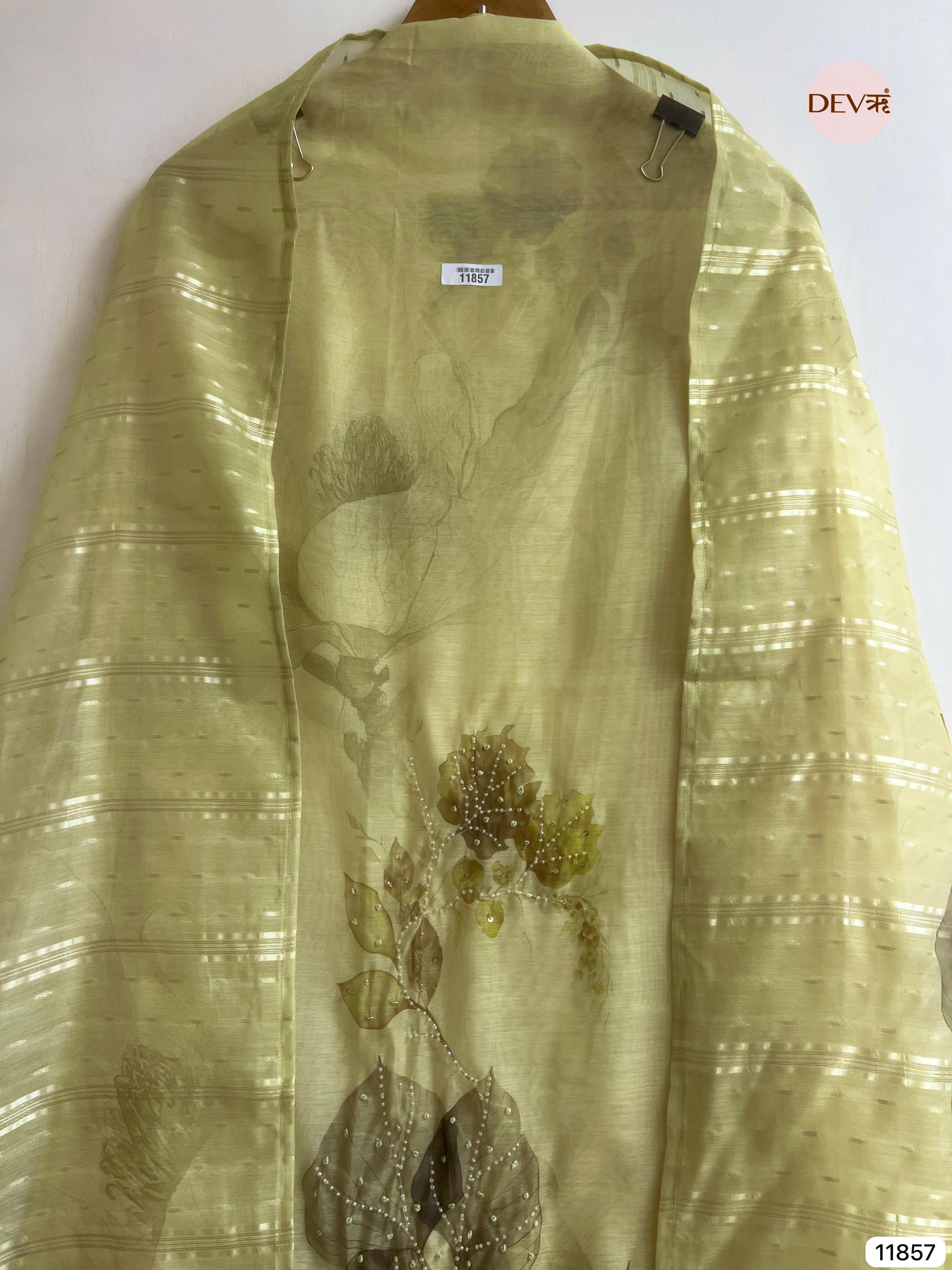 Green Jamdani Silk Unstitched Printed Woven Hand Embroidered -Set Of 3 - {11857}