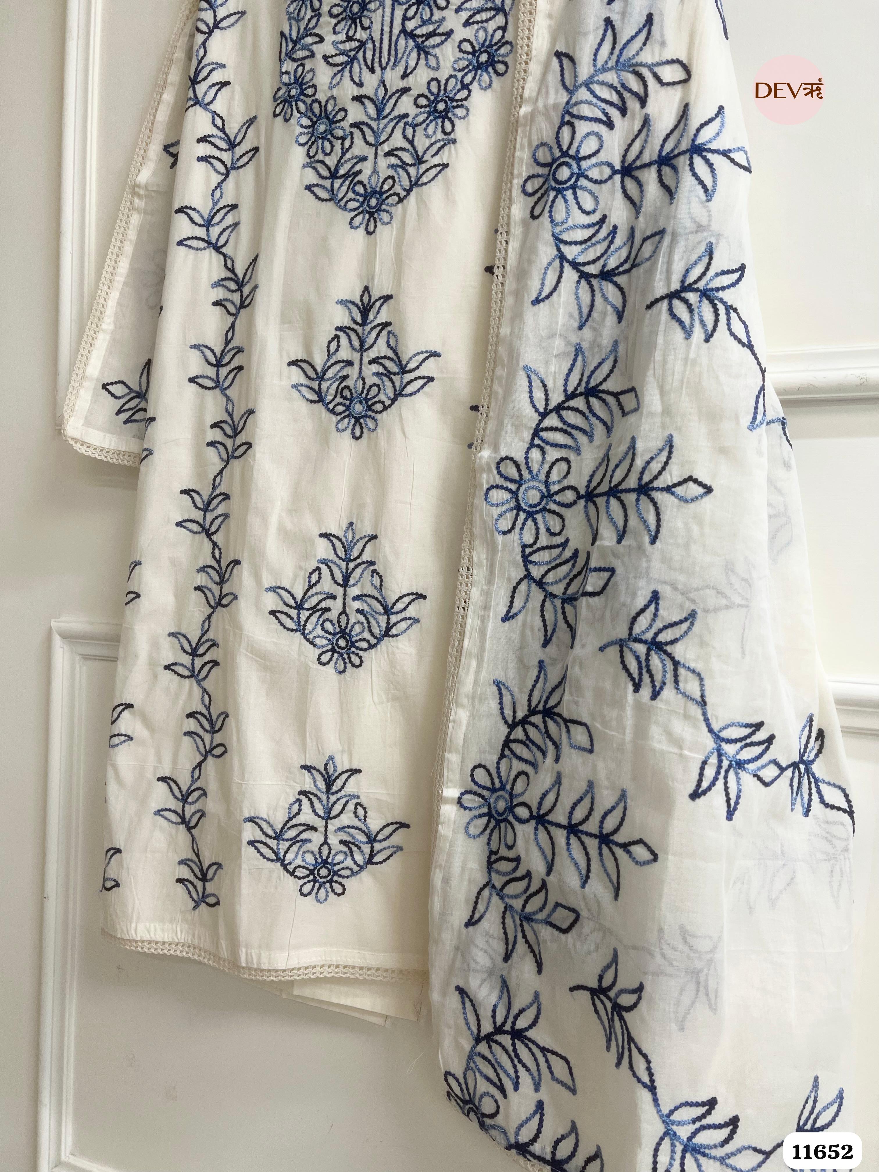 White Cotton Cora Unstitched Embroidered -Set Of 3 {11652}