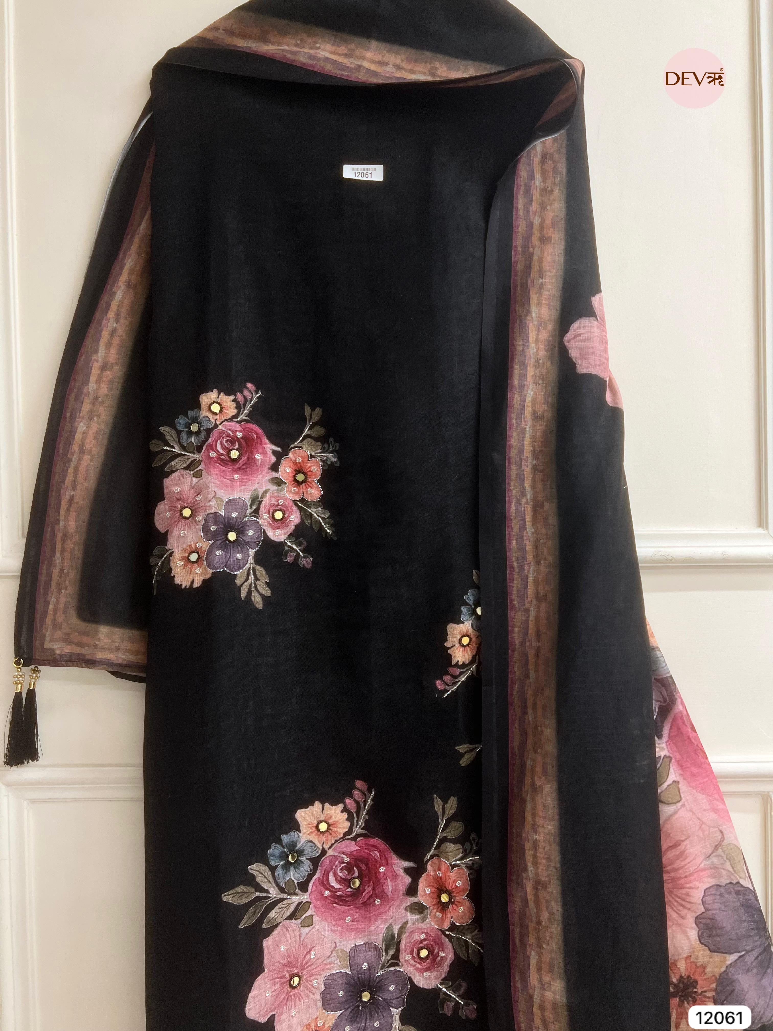 Black Linen Printed Unstitched Hand Embroidered -Set Of 3 - {12061}