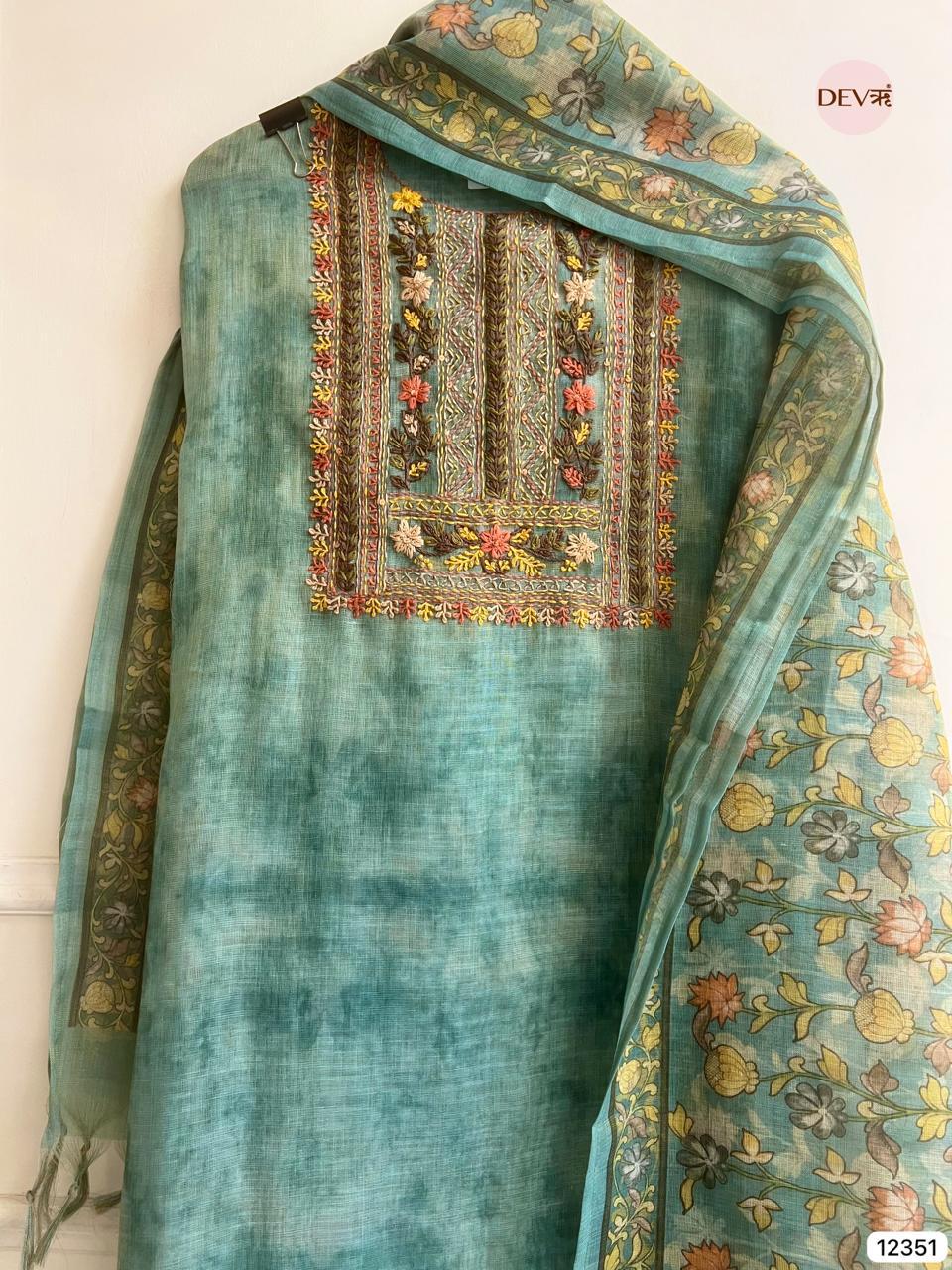 Teal Green Linen Embroidered Unstitched 3-Piece Suit (Devri – D.No 12351)