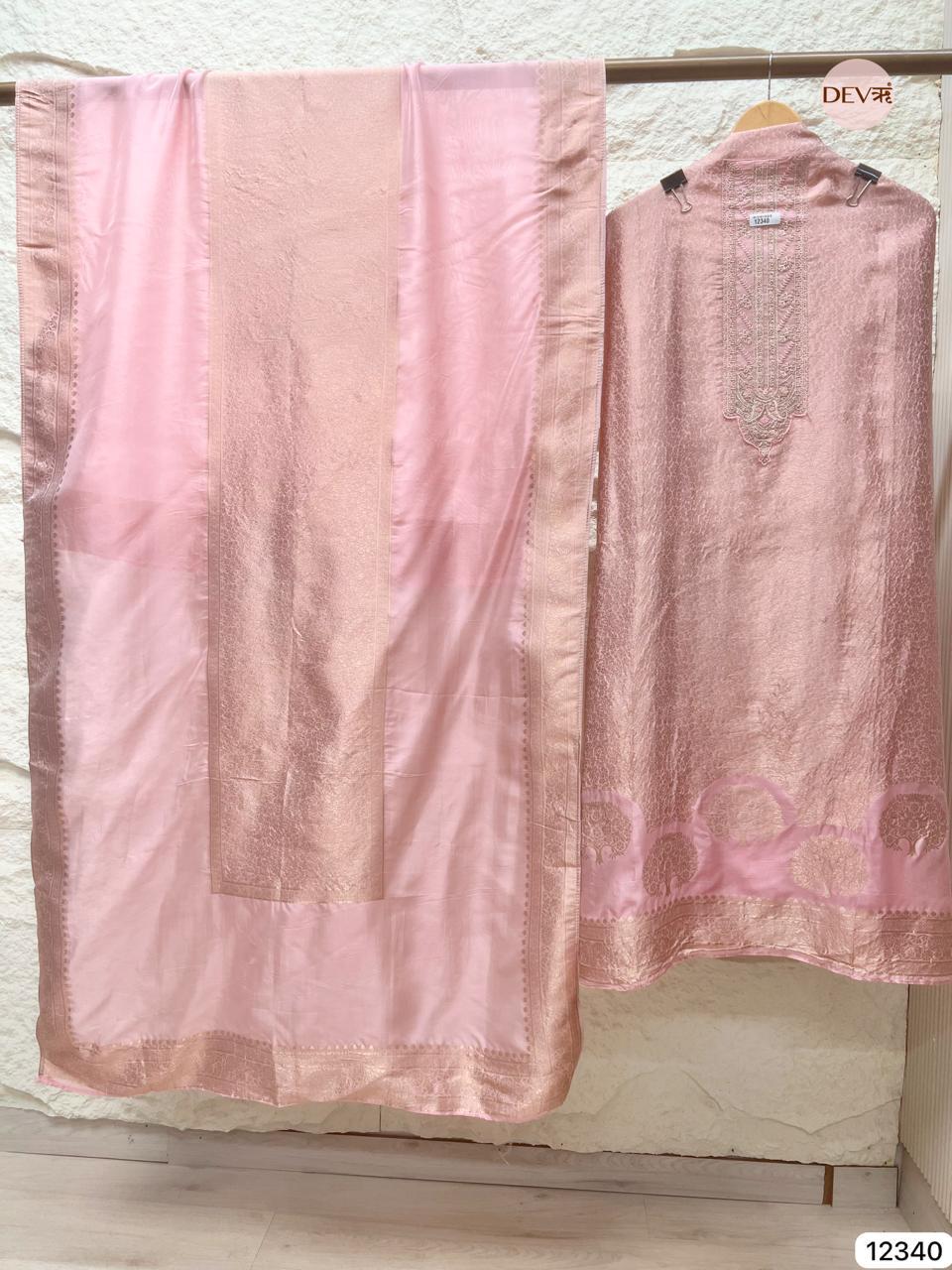 Soft Blush Pink Pure Banarasi Silk Embroidered Unstitched 3-Piece Suit (Devri – D.No 12340)