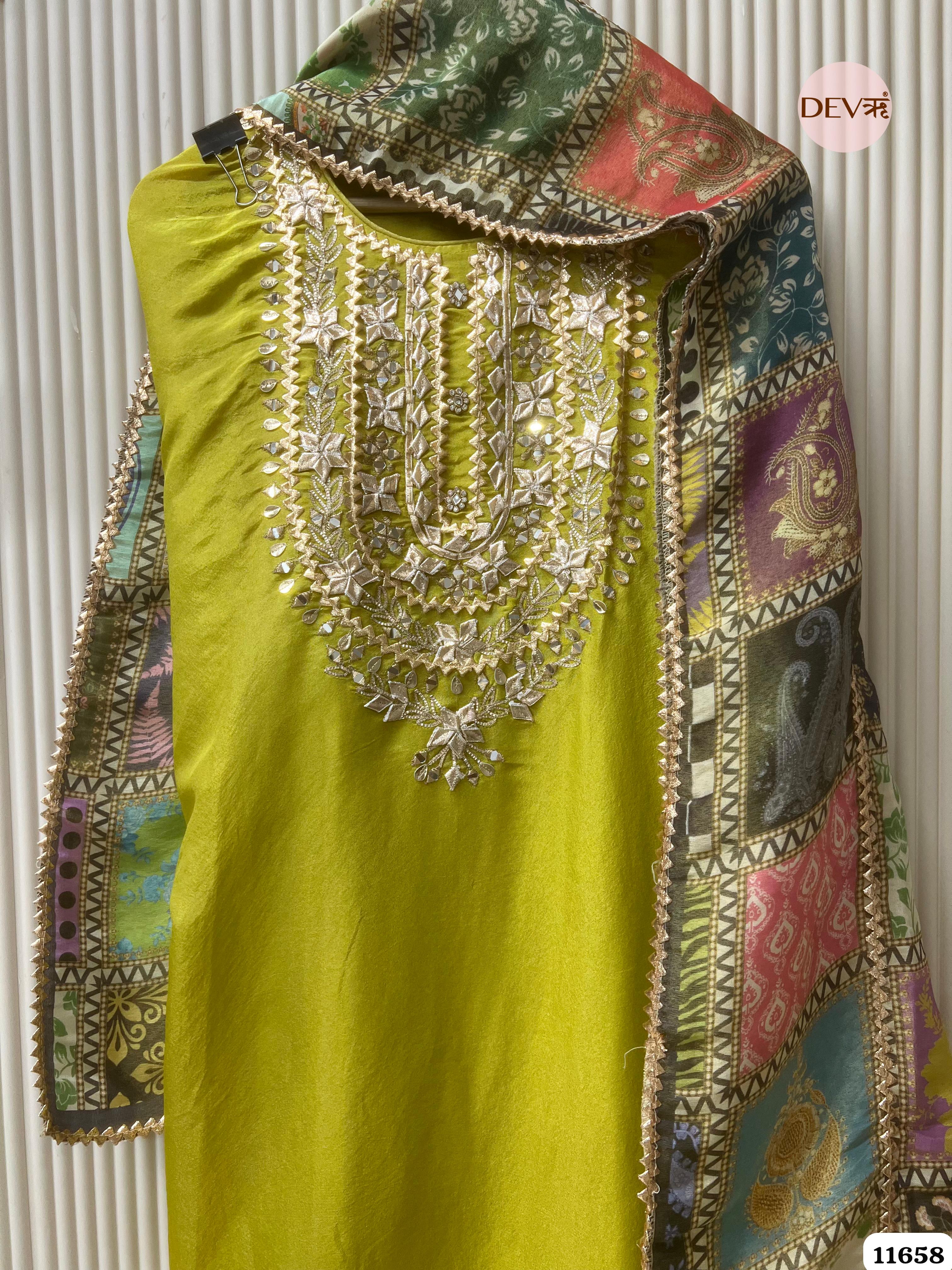 Lime Green Tissue Silk Unstitched Hand Embroidered -Set Of 3 {11658}