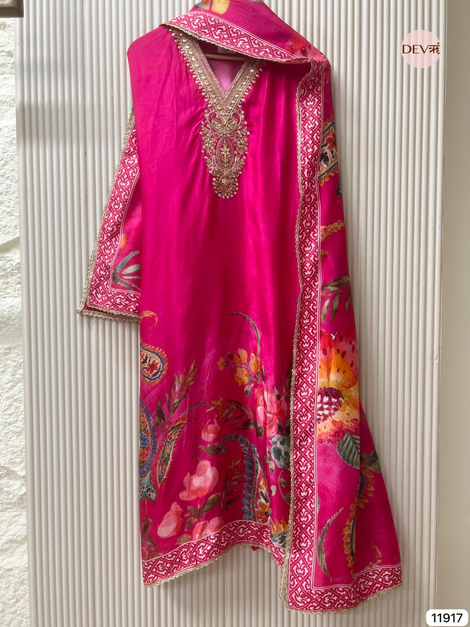 Pink Pure Russian Silk Unstitched Printed Hand Embroidered -Set Of 3 - {11917}
