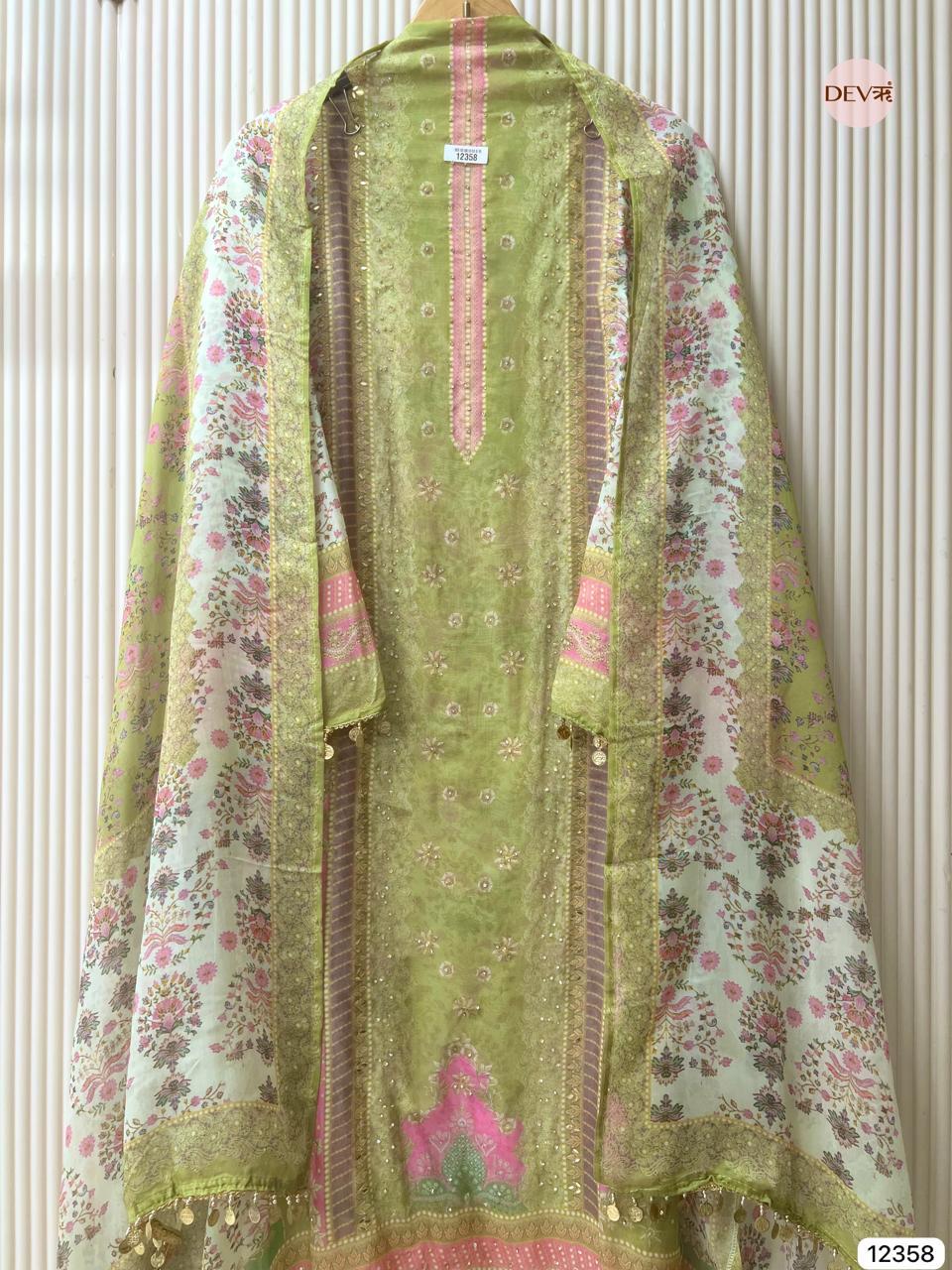 Sage Green Organza Printed Unstitched 3-Piece Suit (Devri – D.No 12358)