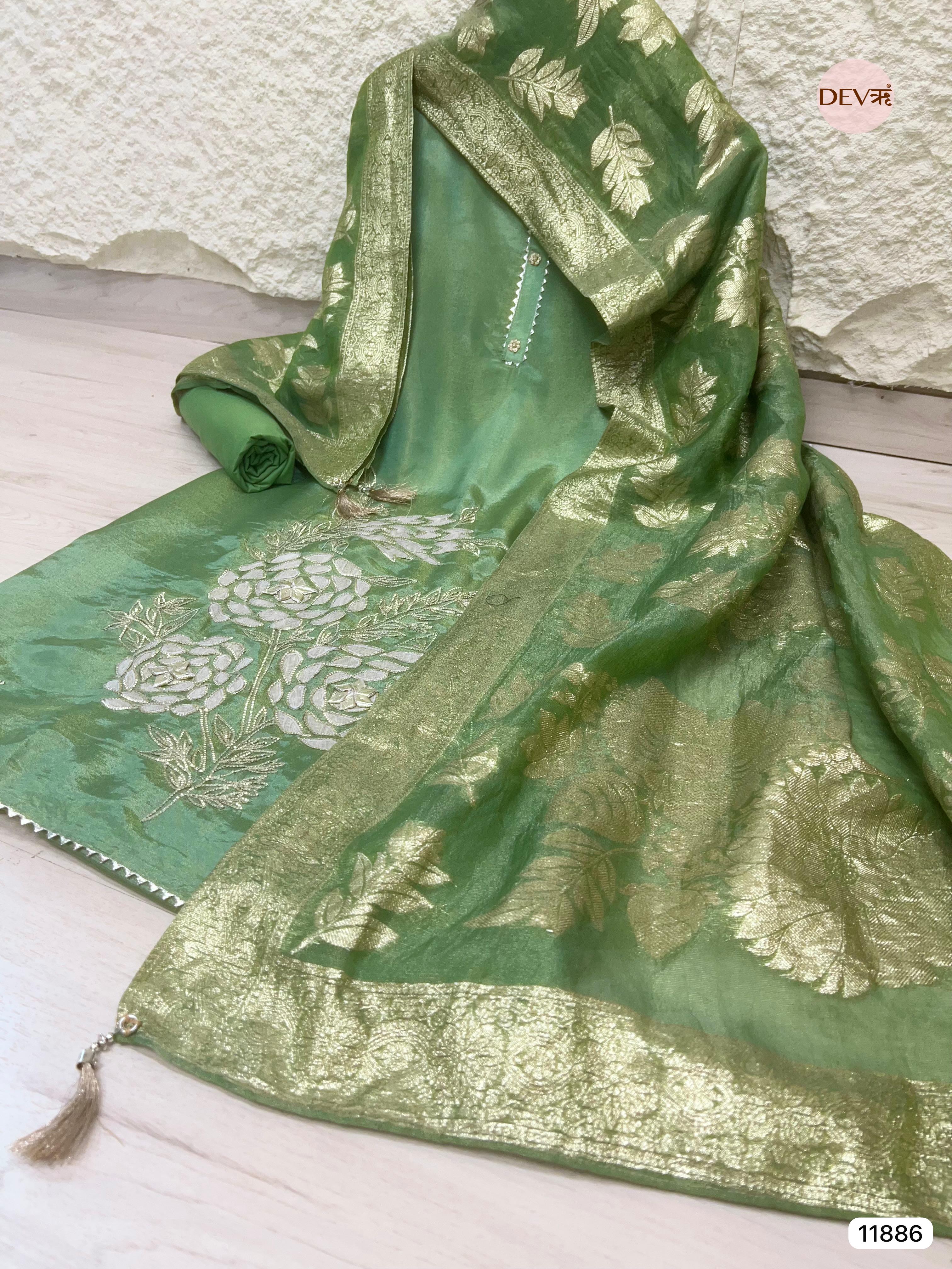 Green Tissue Shimmer Silk Unstitched Hand Embroidered -Set Of 3 - {11886}