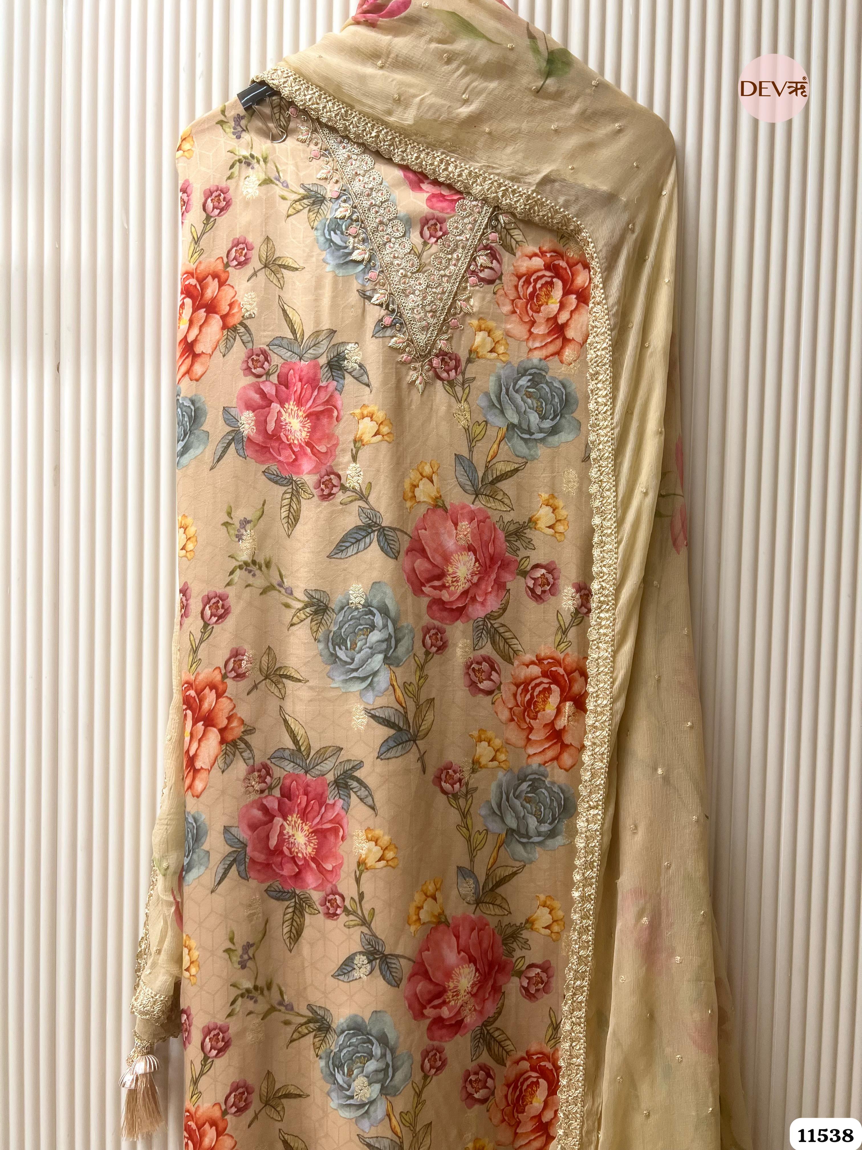 Beige Pure Dola Silk Unstitched Printed Banarasi Weave Hand Embroidered -Set Of 3 {11538}