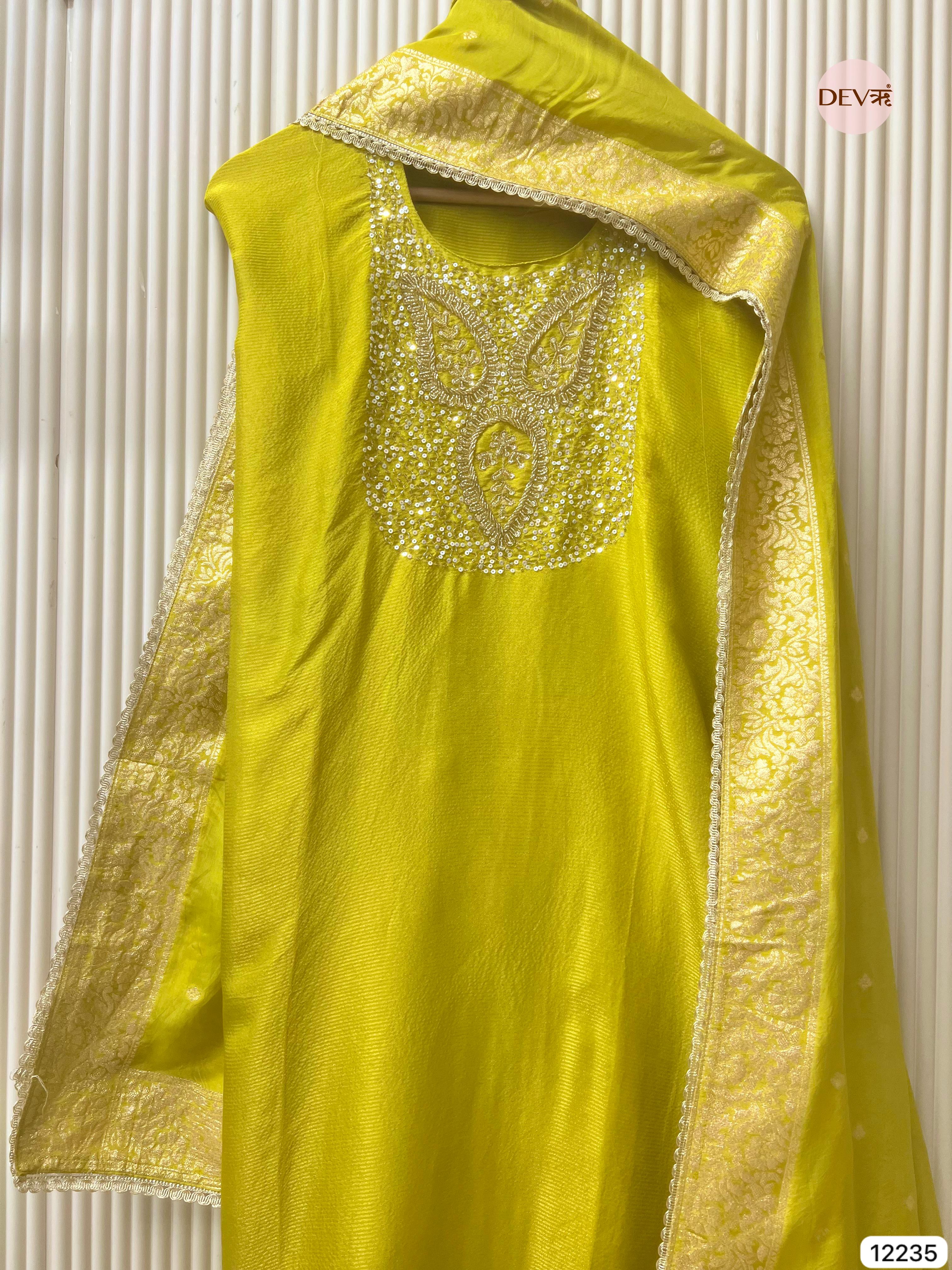 Lime Tissue Shimmer Silk Embroidered Unstitched 3-Piece Suit (Devri – D.No 12235)