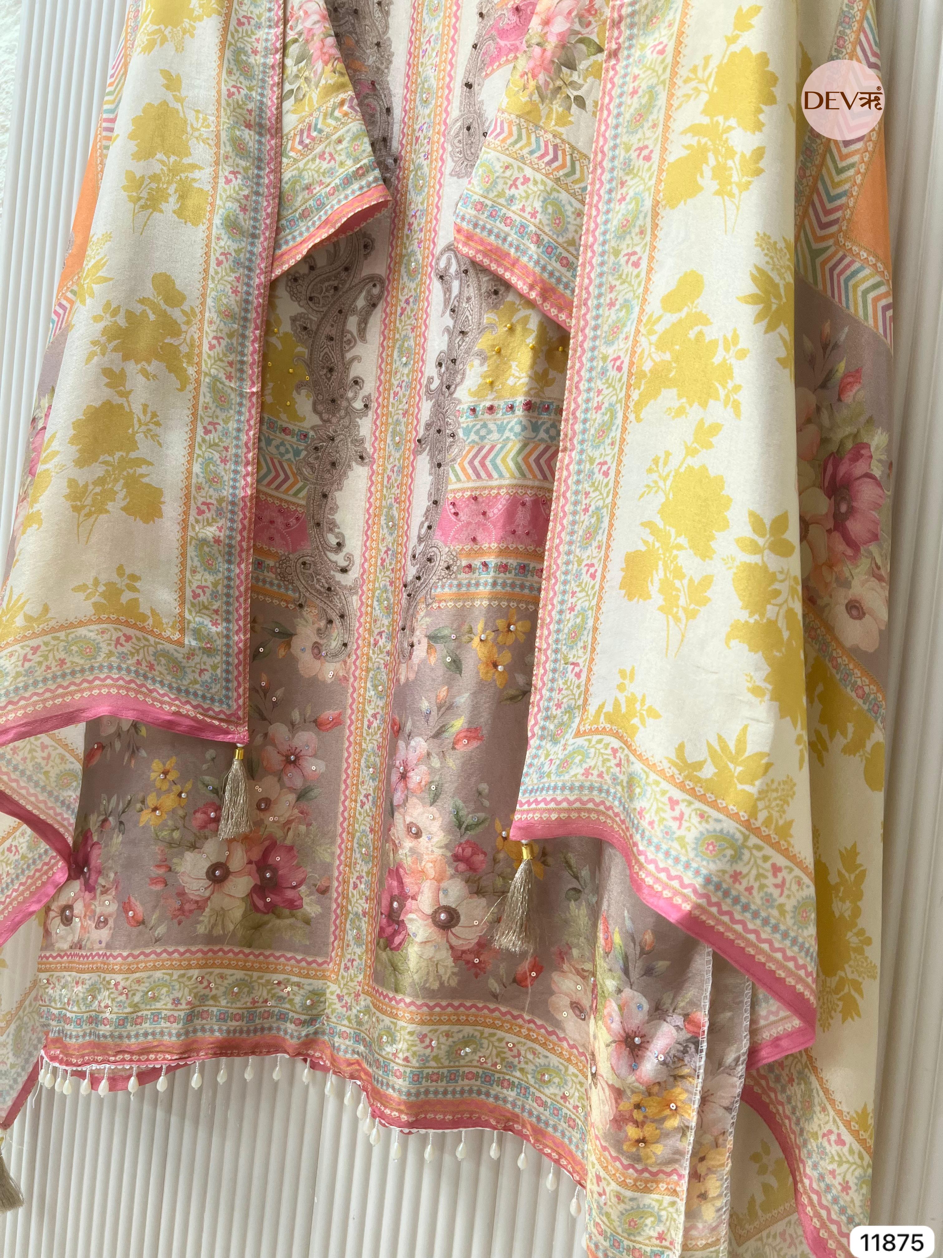 Multi Colour Tissue Shimmer Silk Semi Stitched Printed Hand Embroidered -Set Of 3 - {11875}