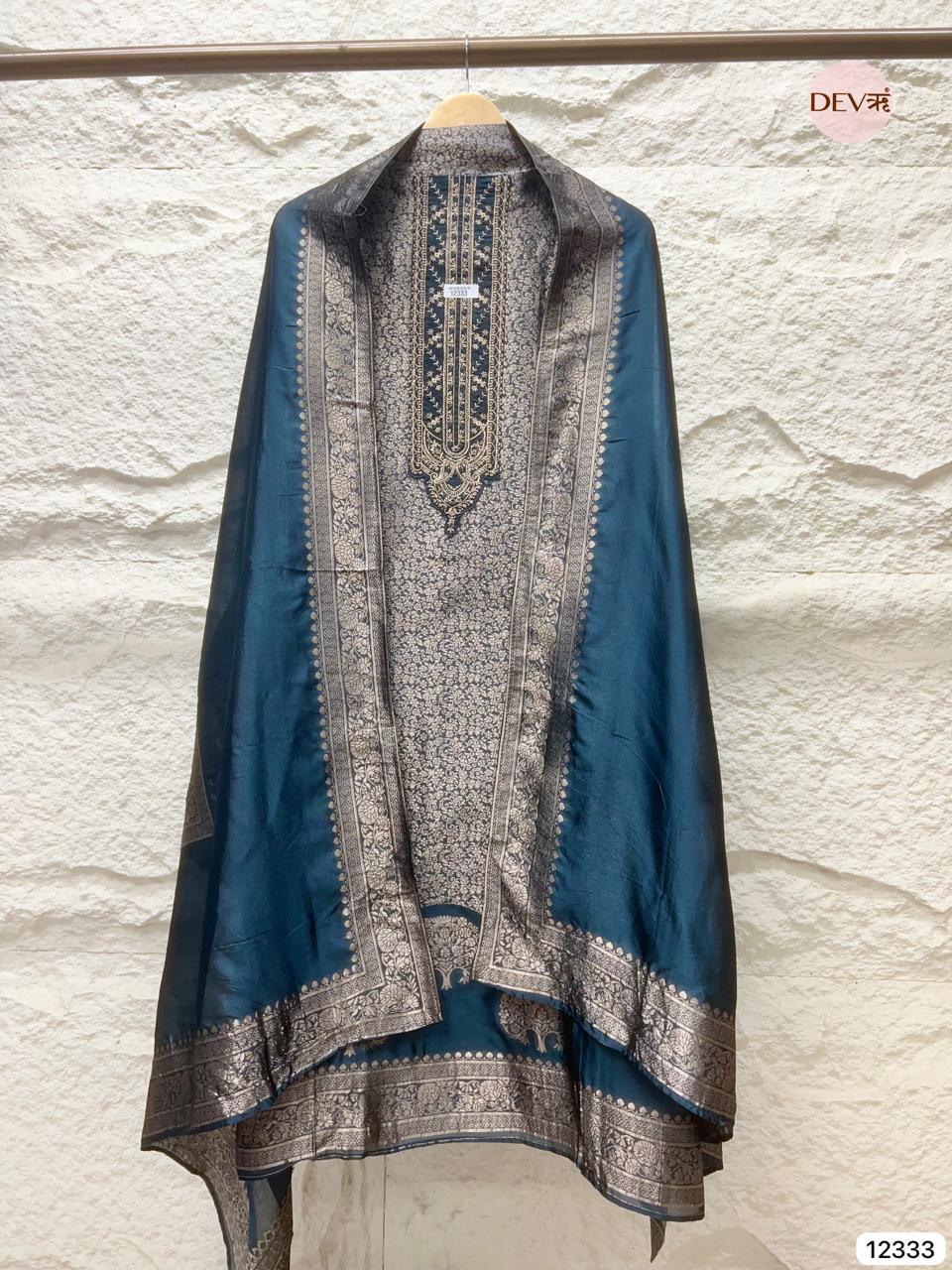 Deep Teal Blue Pure Banarasi Silk Woven Unstitched 3-Piece Suit (Devri – D.No 12333)