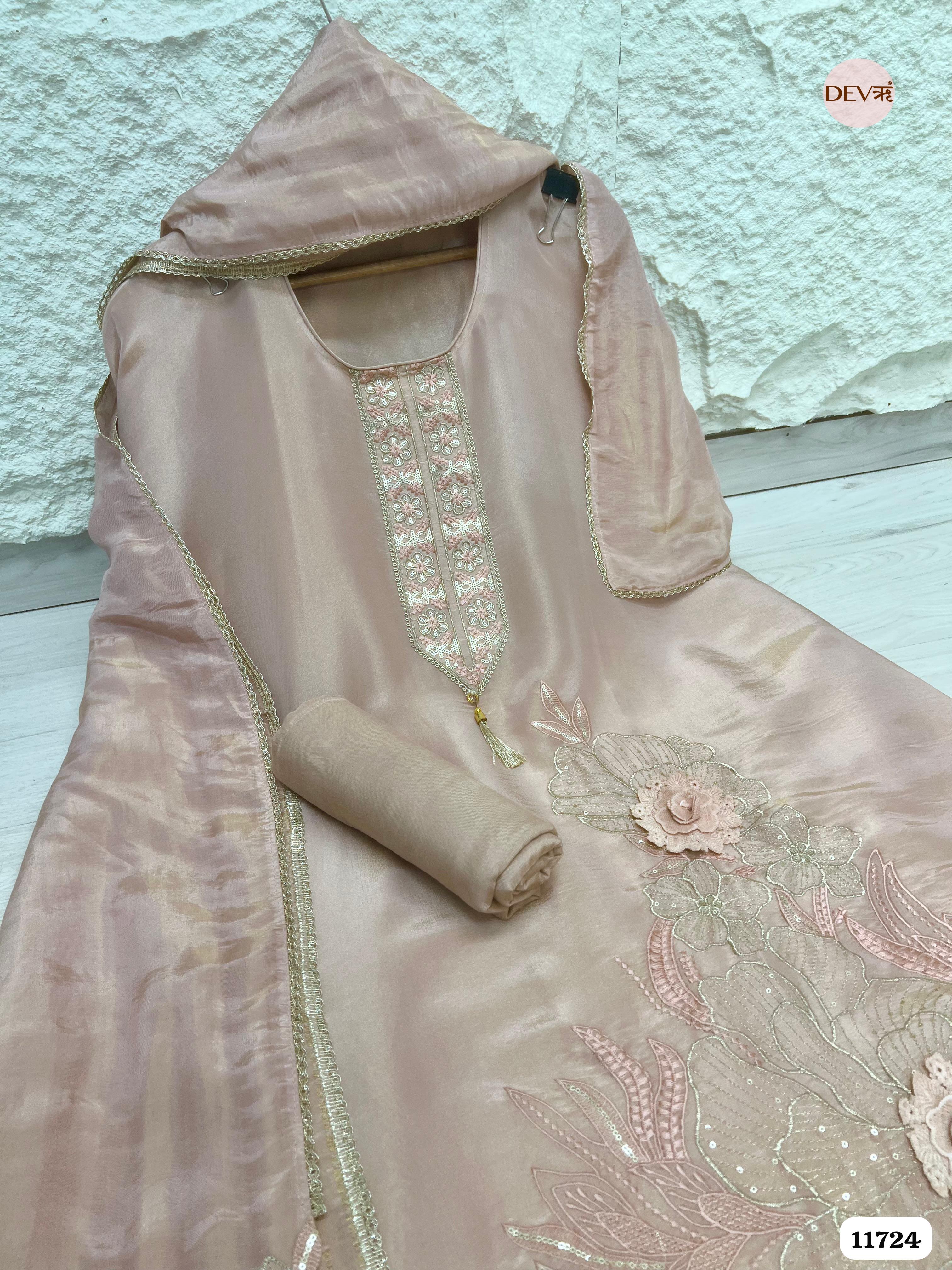 Beige Tissue Shimmer Silk Unstitched Embroidered -Set Of 3- {11724}