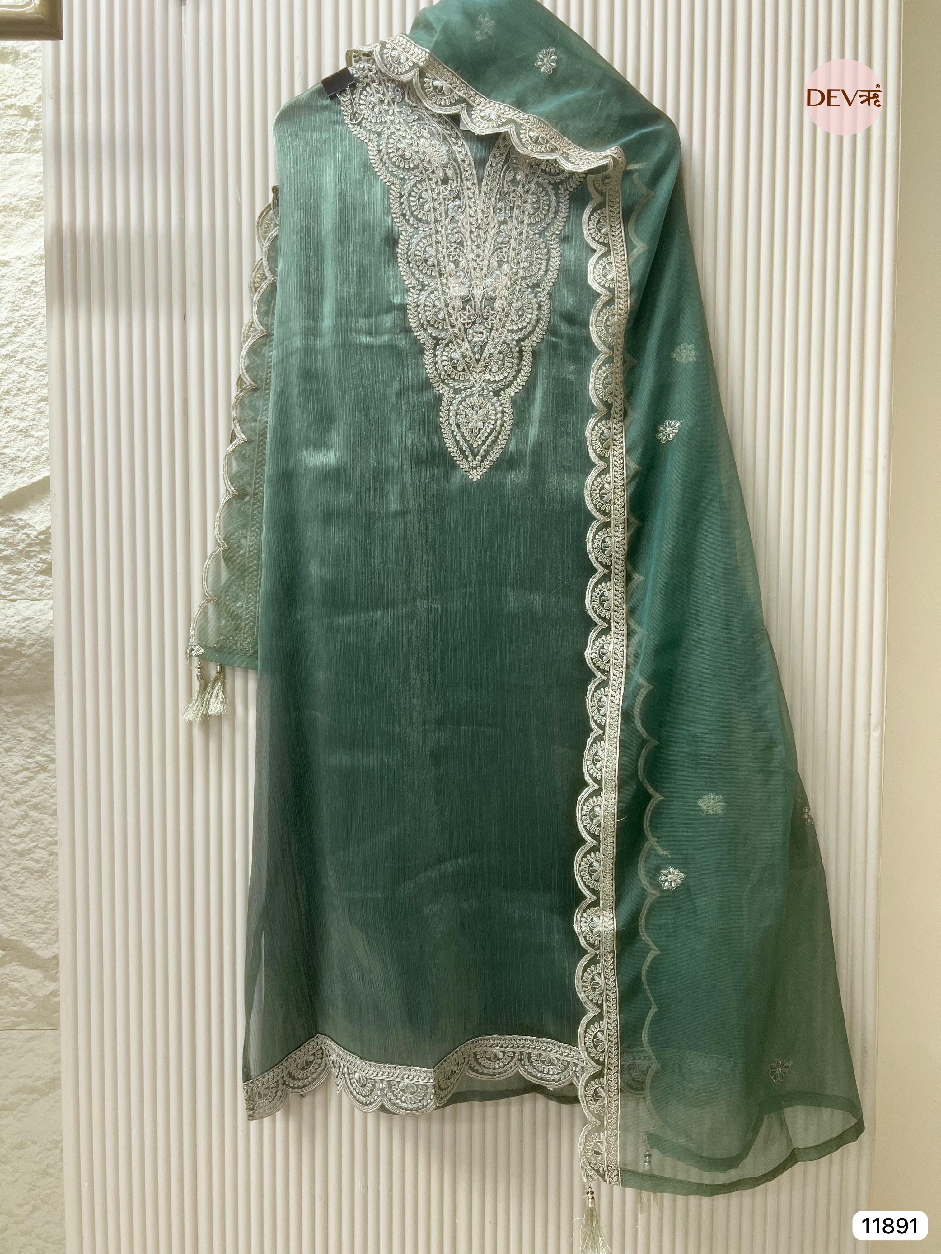 Dark Green Tissue Shimmer Silk Unstitched Printed Embroidered -Set Of 3- {11891}