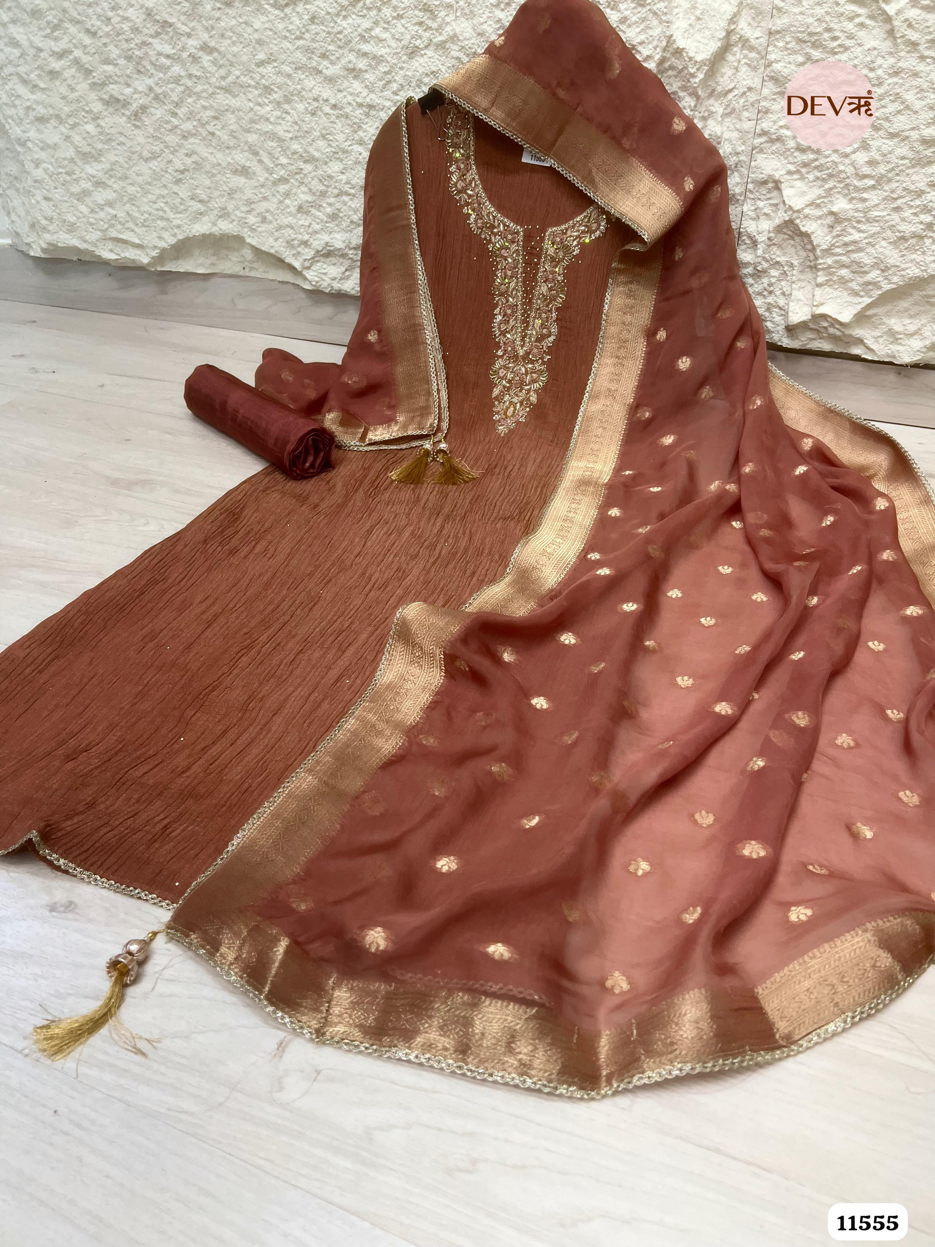 Reddish-Brown Pure Tissue Crush Silk Unstitched Hand Embroidered -Set Of 3 {11555}