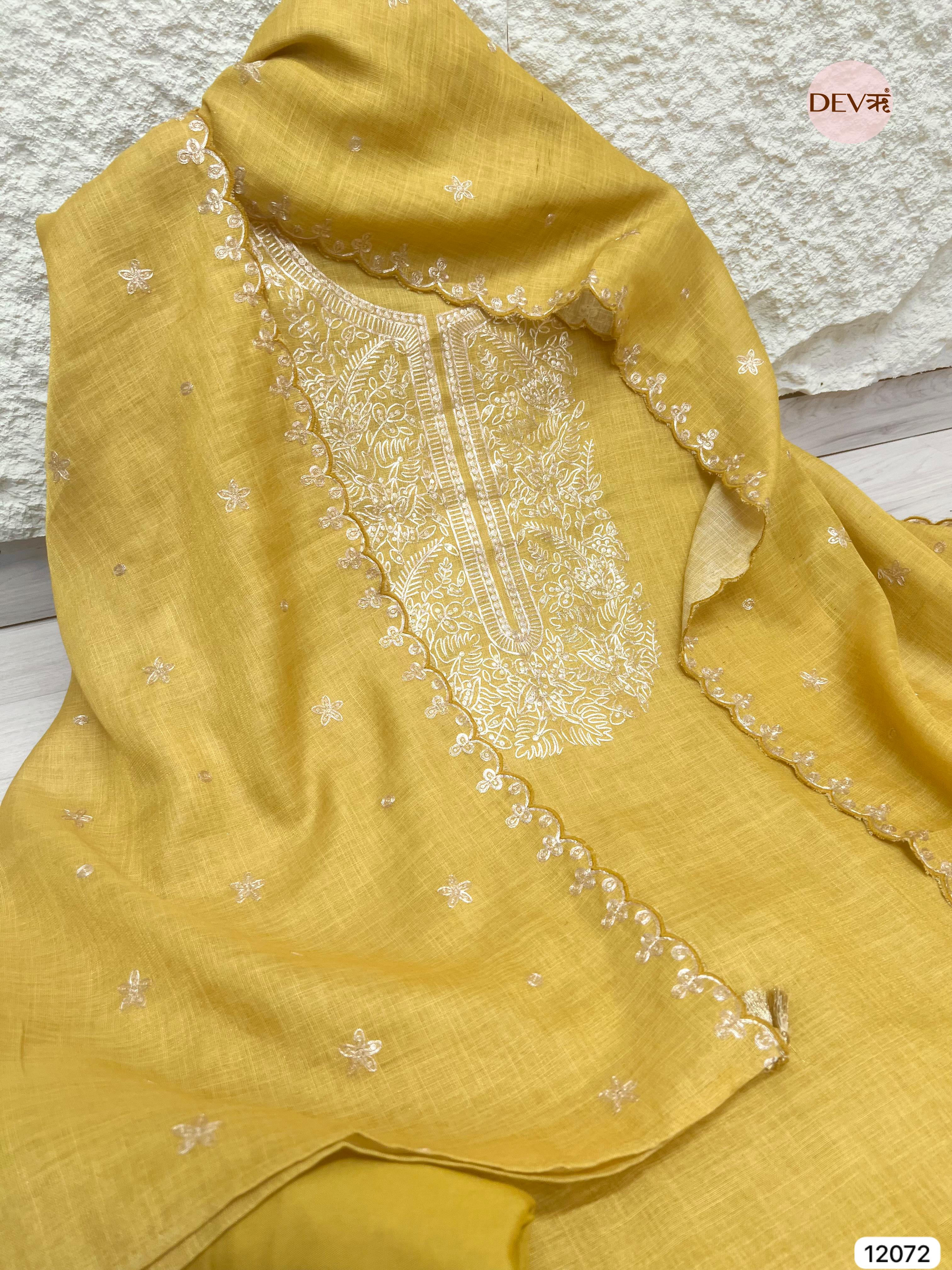 Yellow Pure Linen Unstitched Zardosi Embroidered -Set Of 3 - {12072}