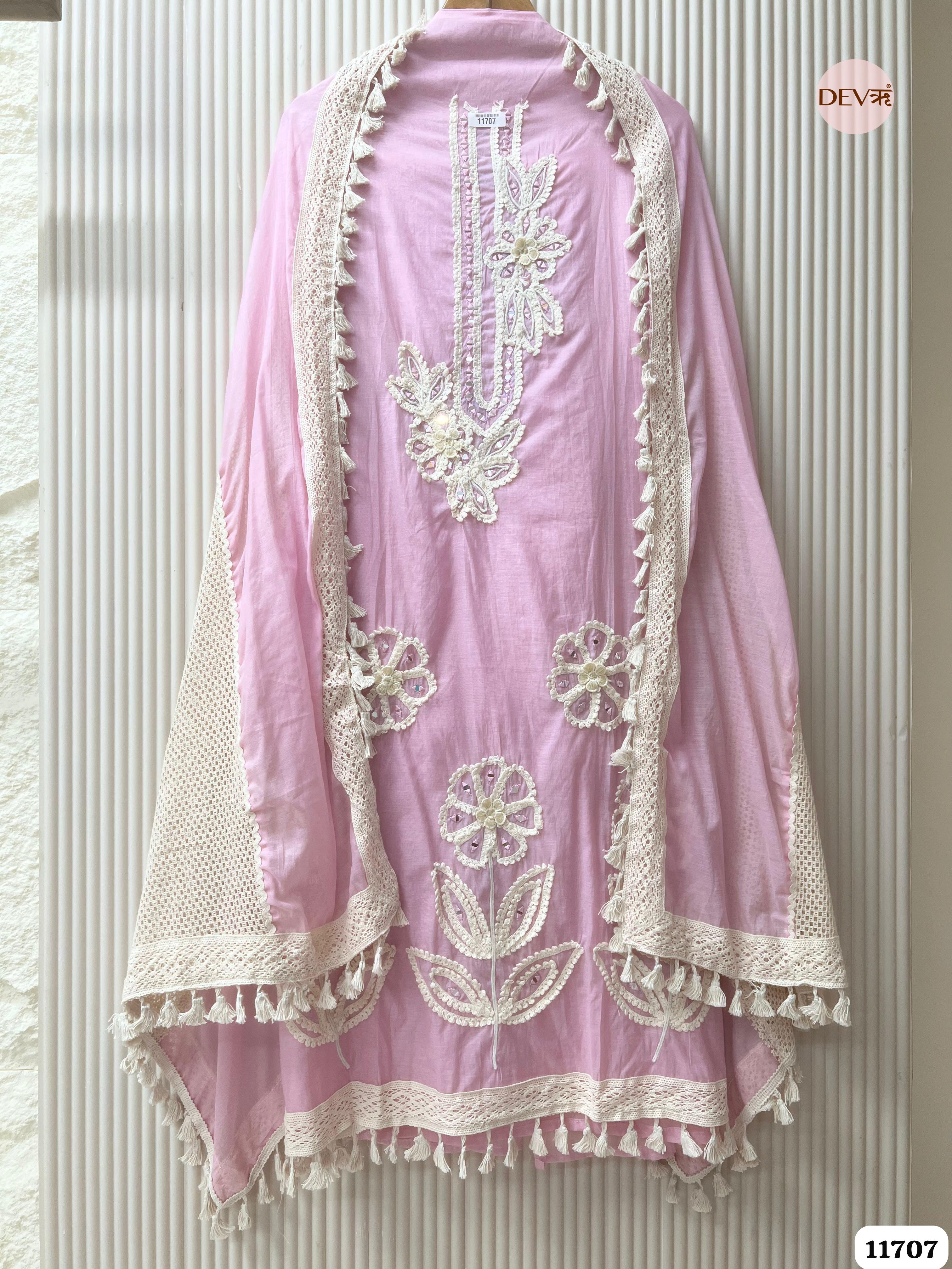 Pink Mul Chanderi Unstitched Hand Embroidered -Set Of 3 {11707}