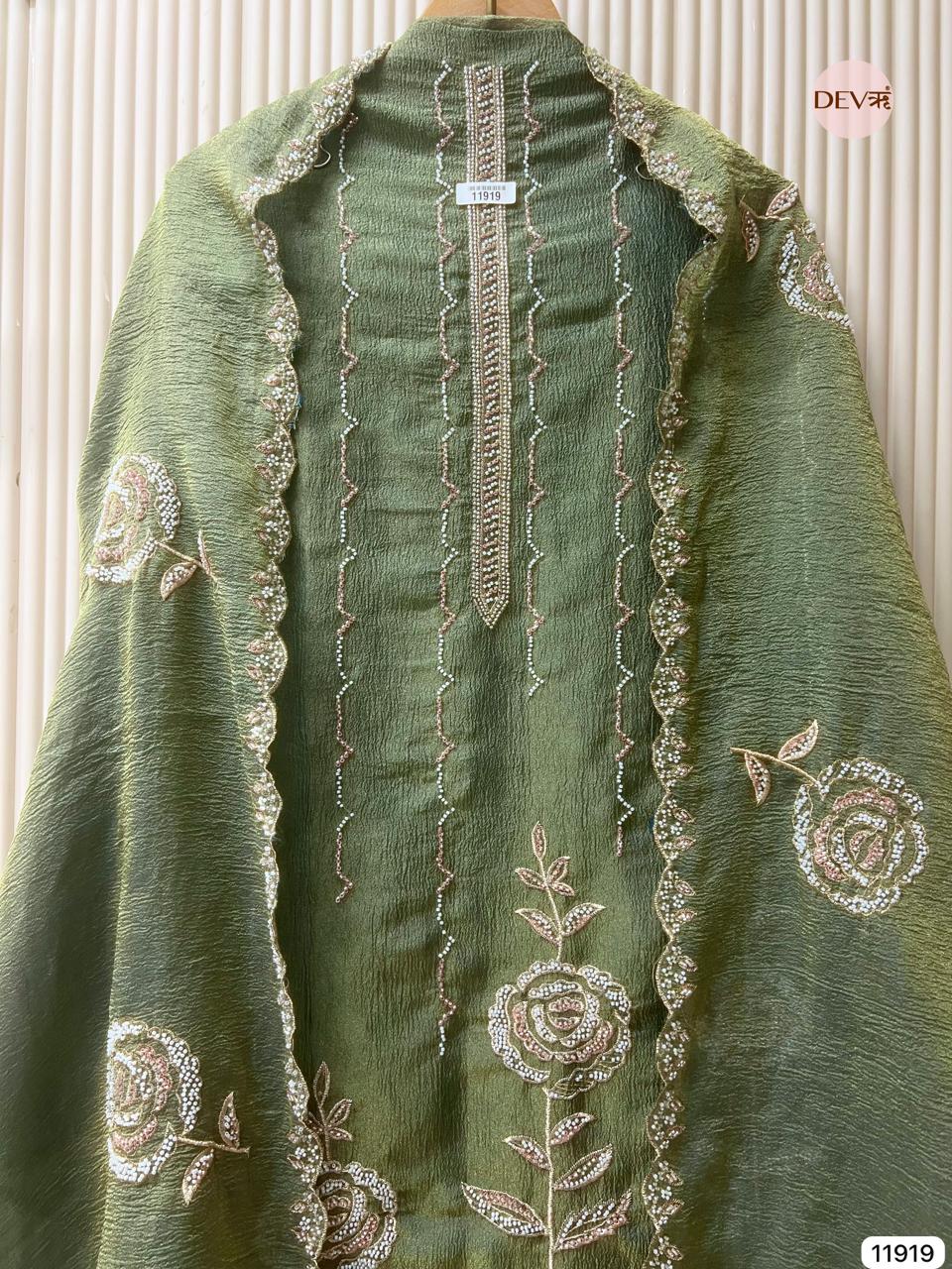 Green Pure Tissue Crush Unstitched Hand Embroidered -Set Of 3 - {11919}