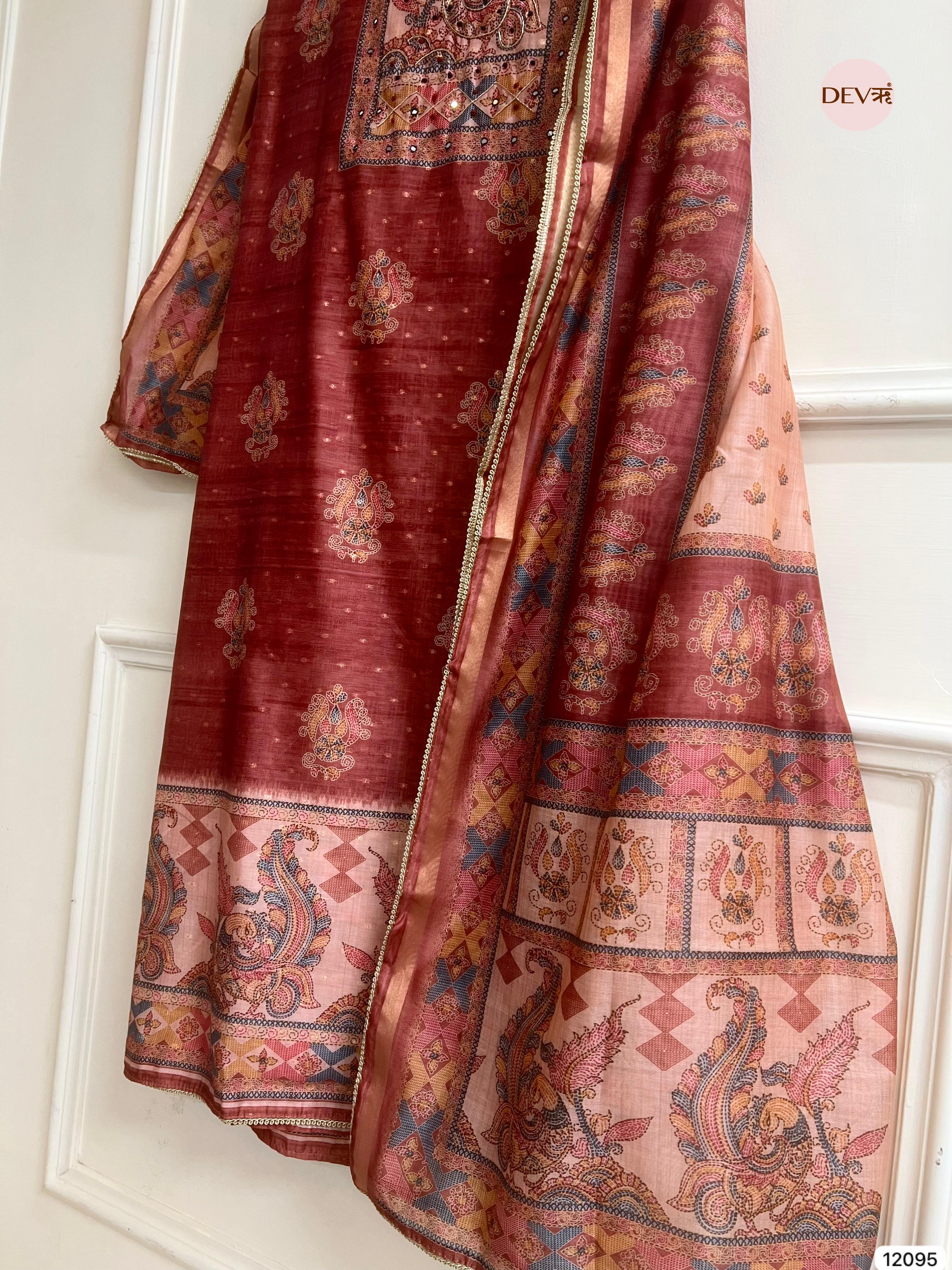 Red Tusser Khadi Silk Printed Unstitched Hand Embroidered -Set Of 3 - {12095}