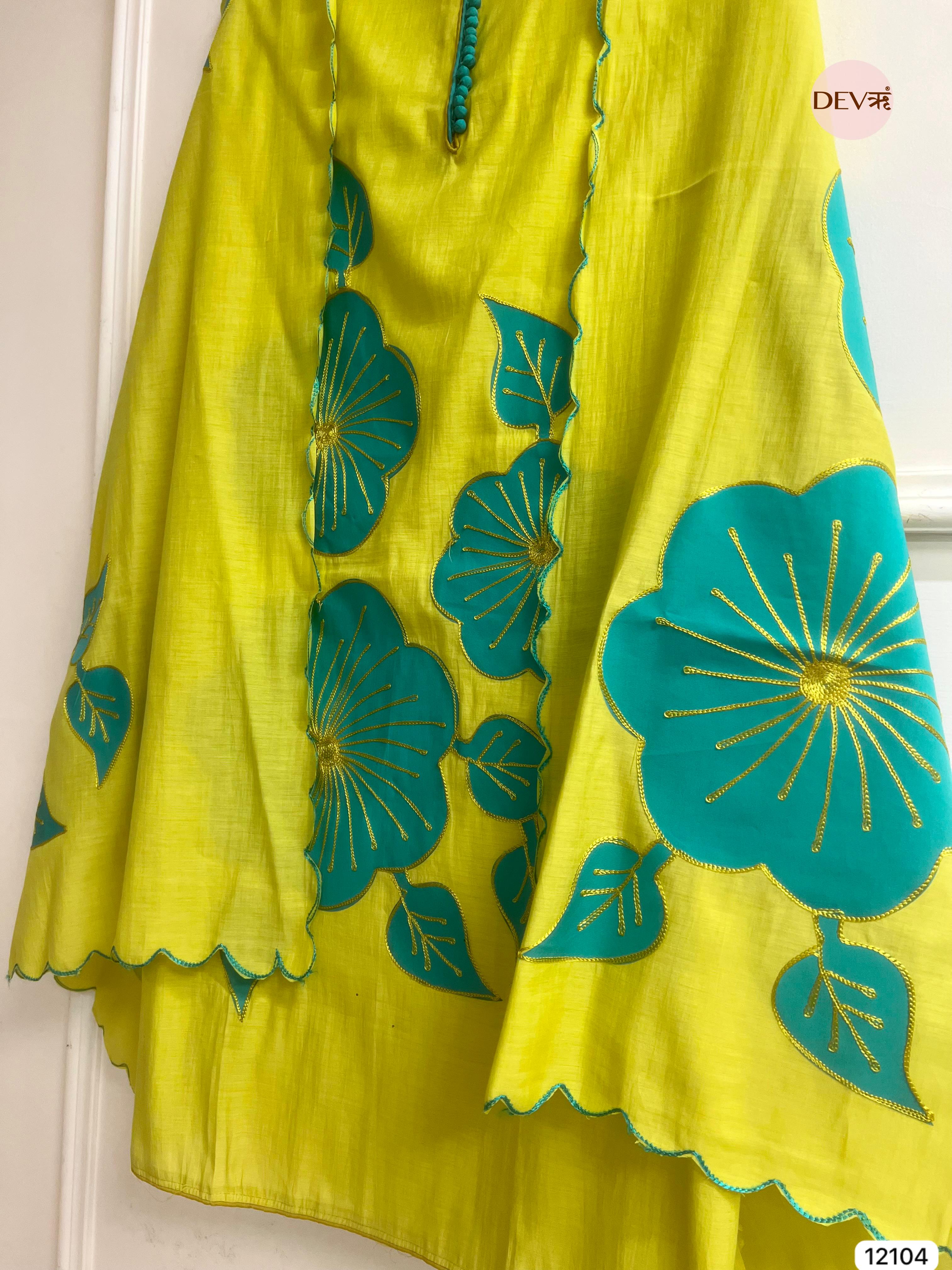 Green Modal Silk Unstitched Applique Embroidered -Set Of 3- {12104}