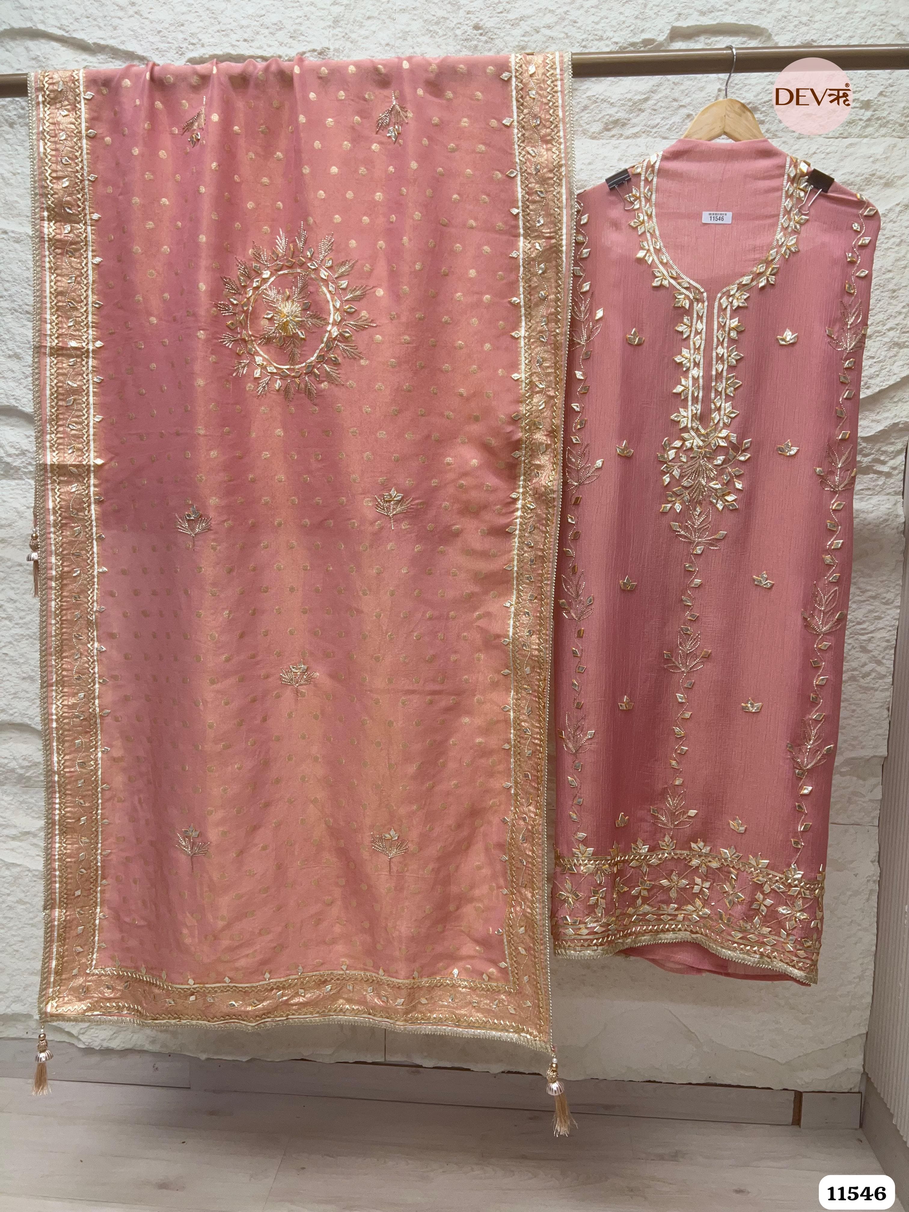 Pink Pure Chino Unstitched Hand Embroidered -Set Of 3 {11546}