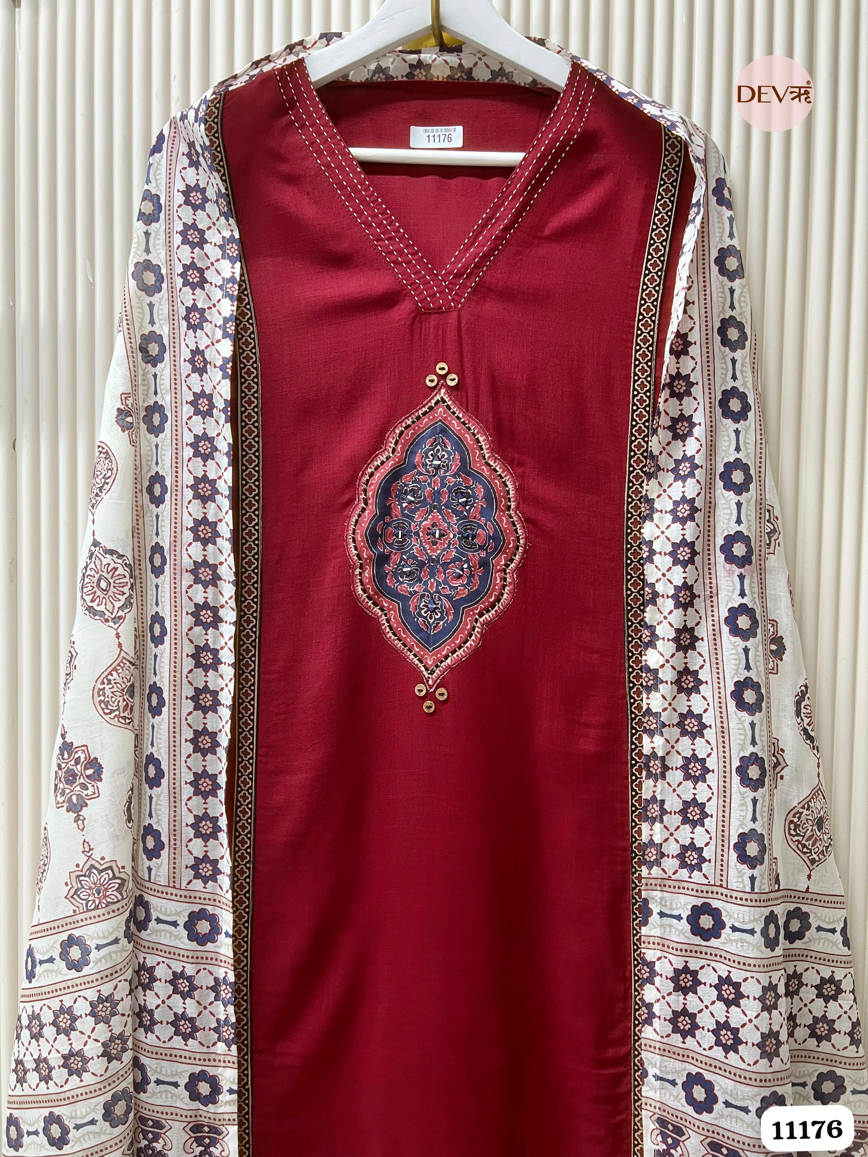 Maroon Slub Cotton Unstitched Hand Embroidered -Set Of 3 {11176}