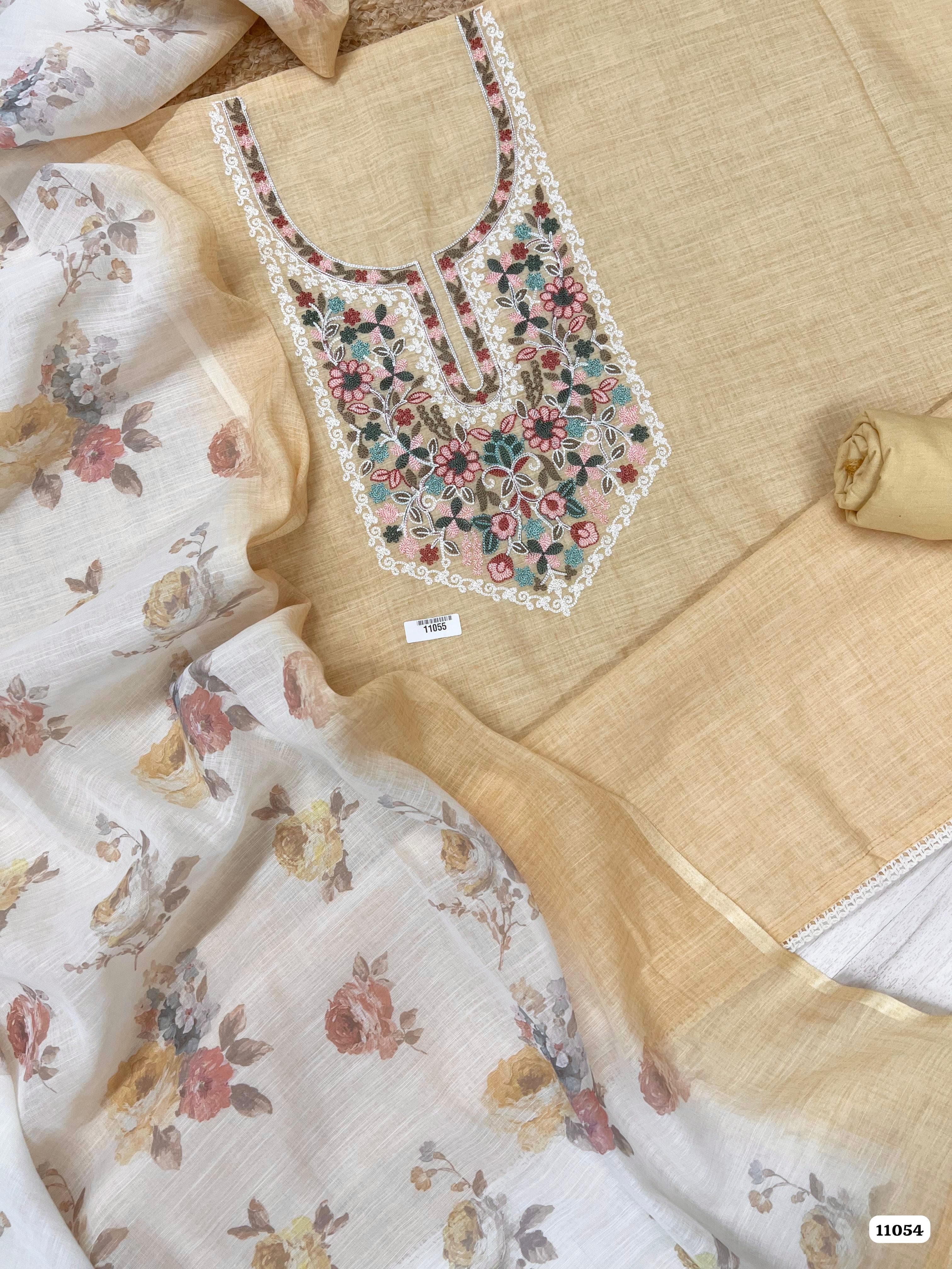 Cream Khadi Cotton Unstitched Embroidered -Set Of 3 {11055}