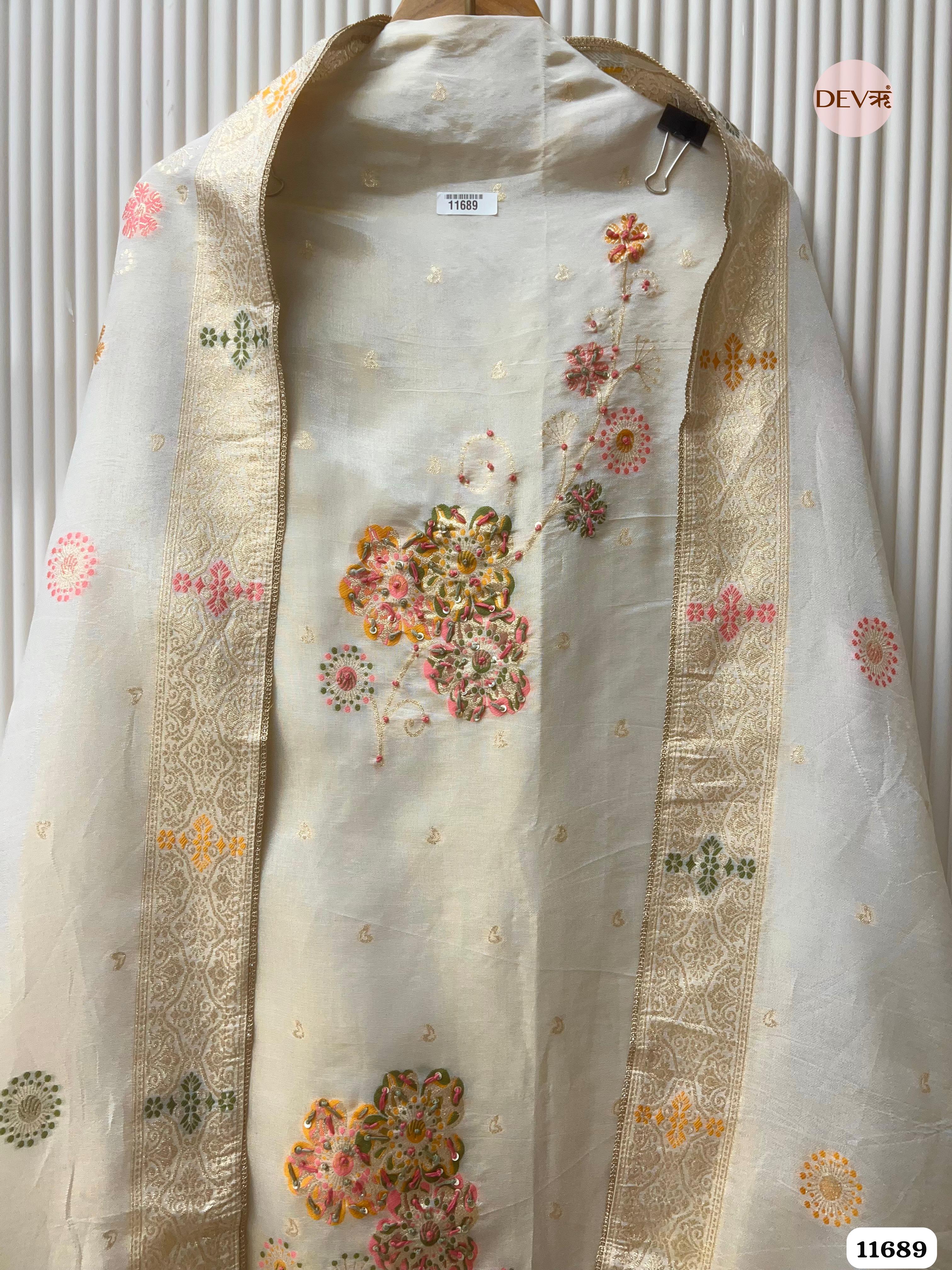 Off white Burberry Silk Unstitched Woven Embroidered -Set Of 3 {11689}