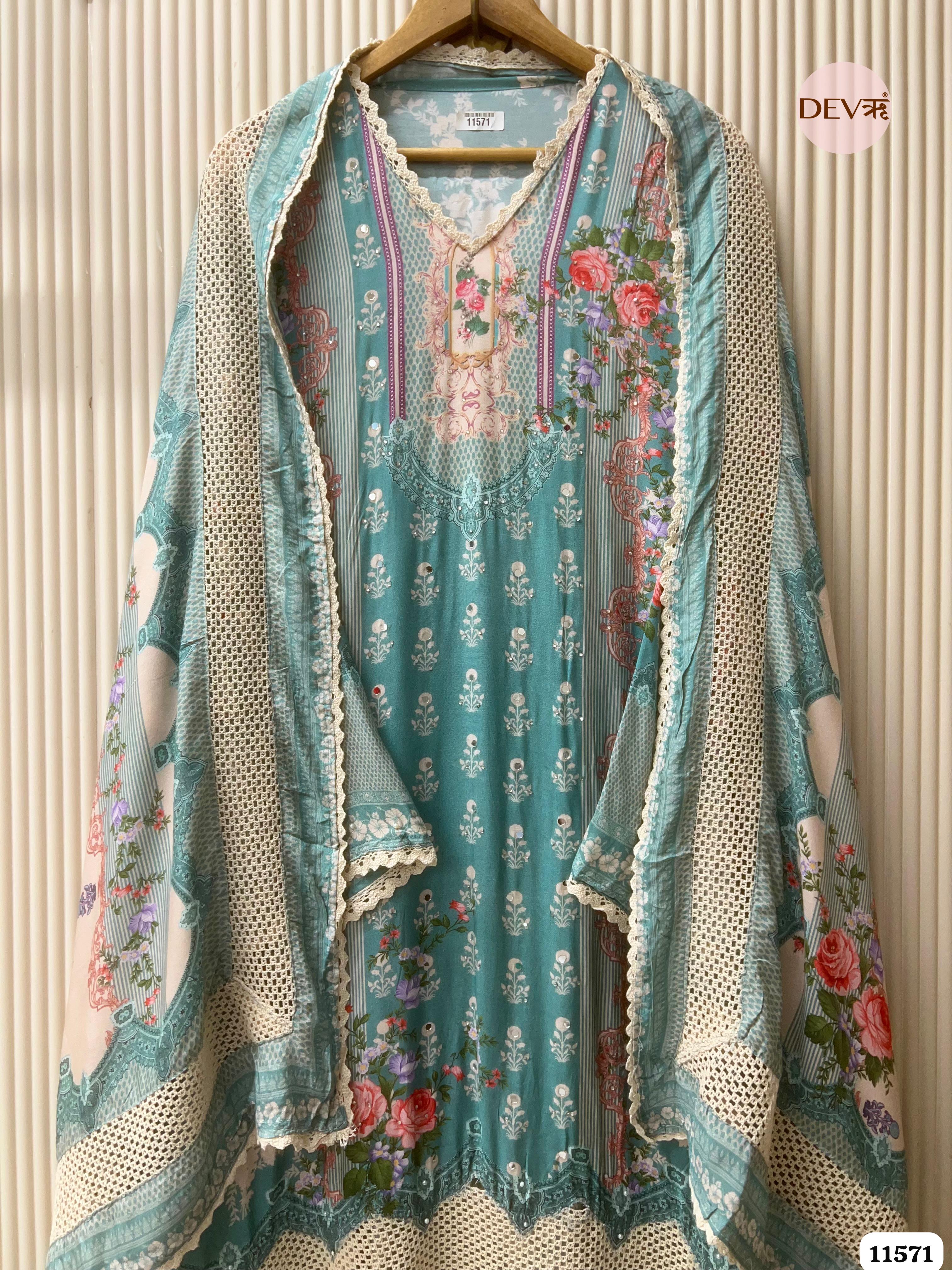 Green Muslin Printed Semi Stitched Hand Embroidered -Set Of 3 {11571}