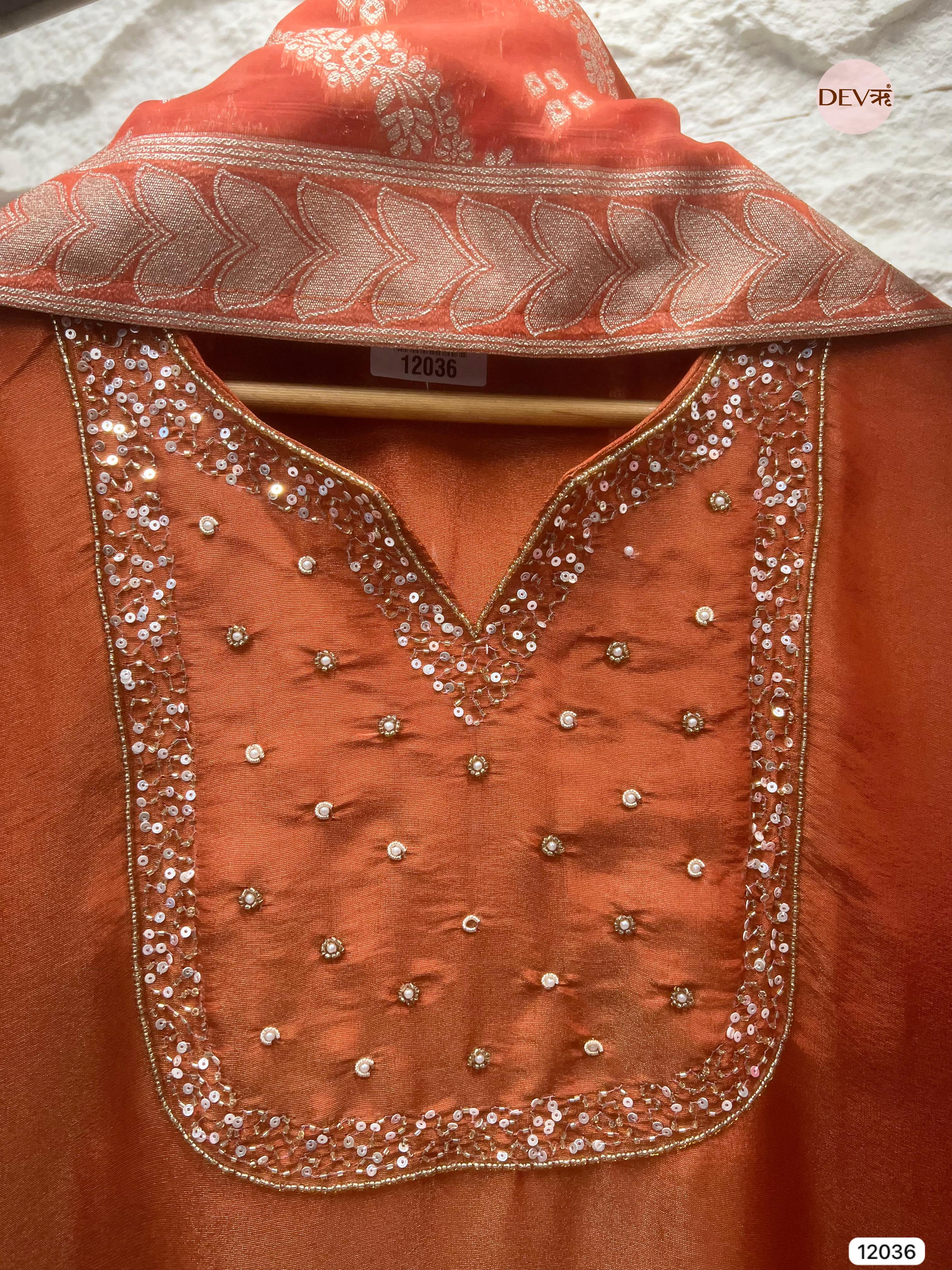 Rust Tissue Shimmer Silk Unstitched Embroidered -Set Of 3 - {12036}