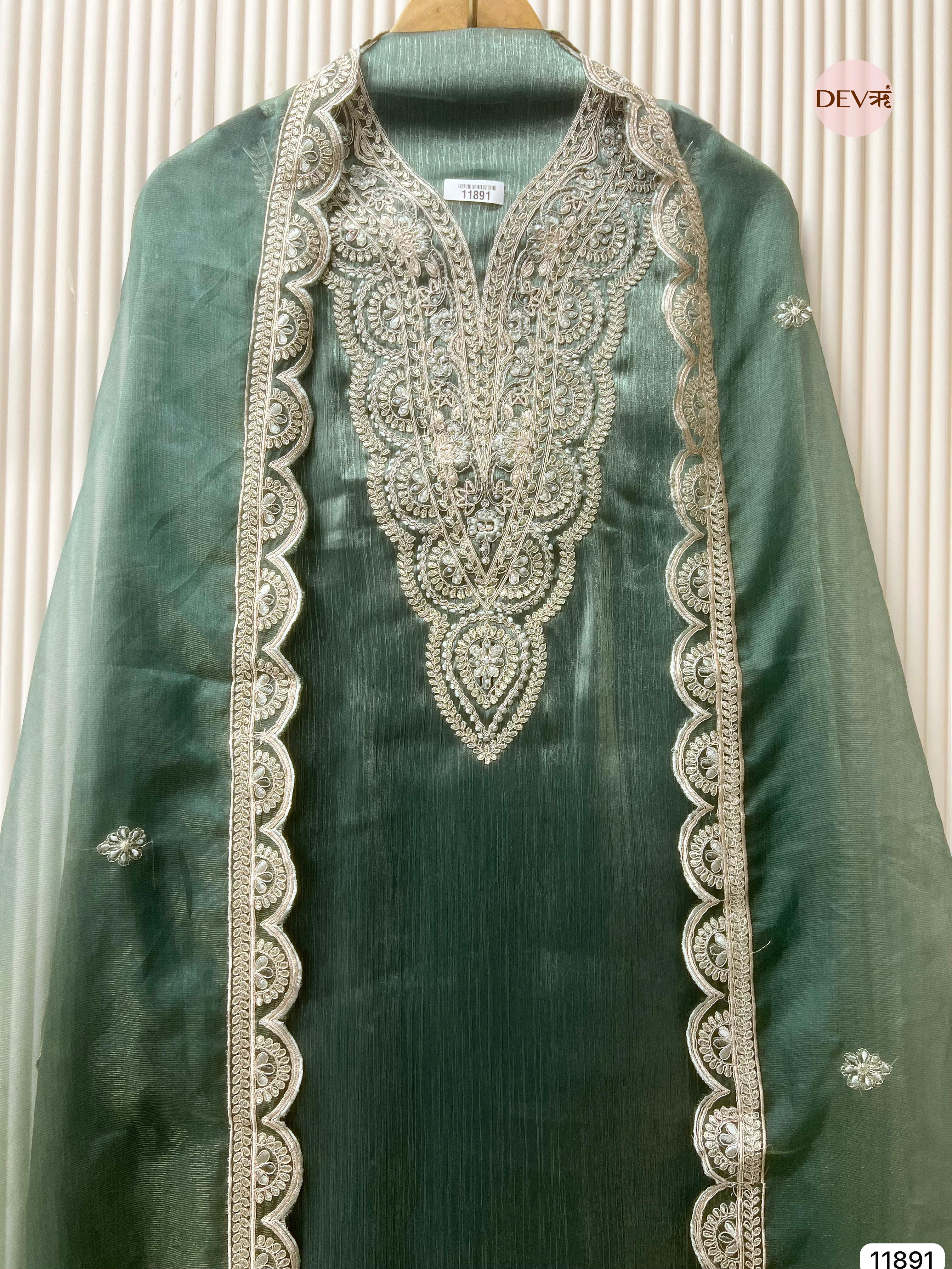 Dark Green Tissue Shimmer Silk Unstitched Printed Embroidered -Set Of 3- {11891}