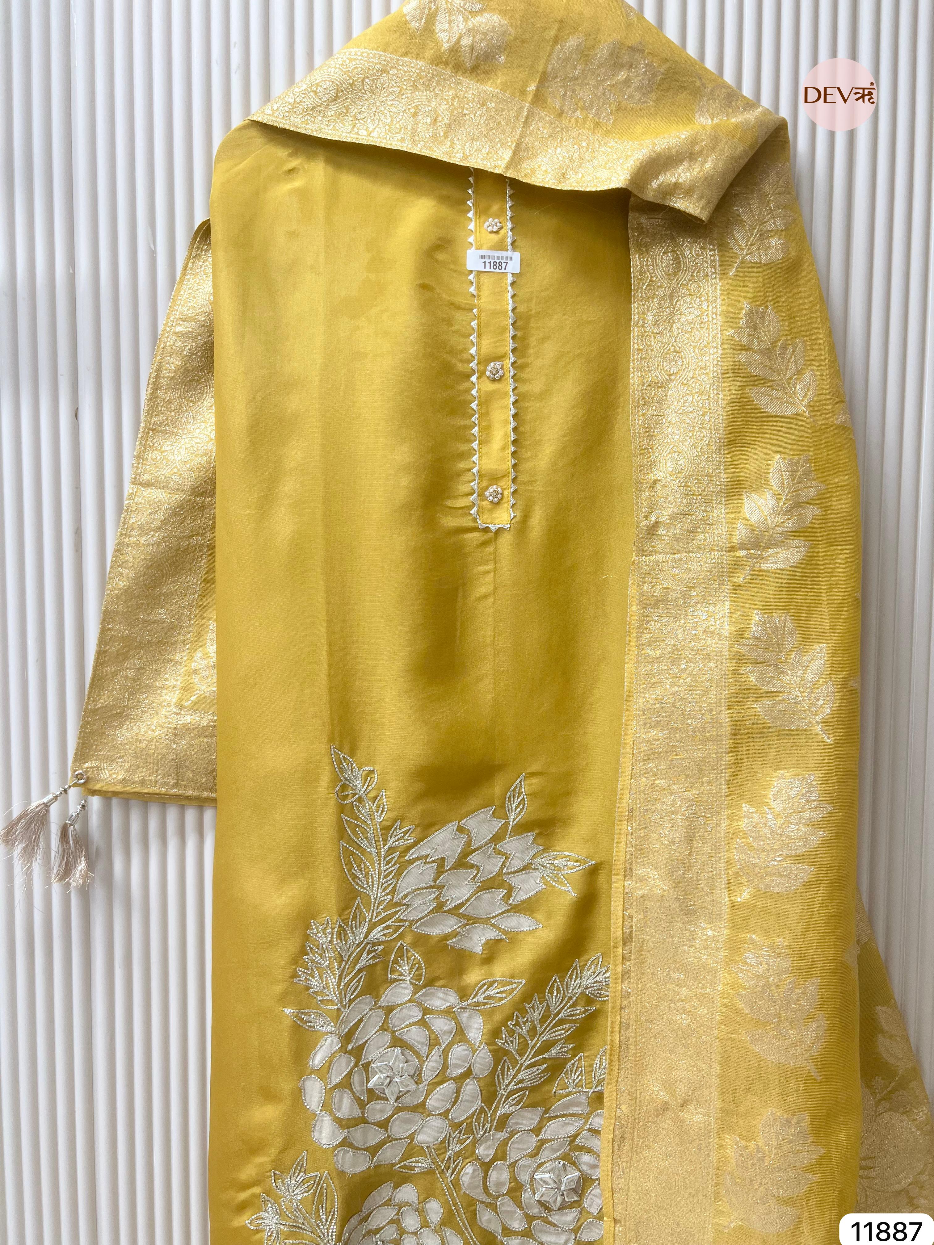 Yellow Tissue Silk Shimmer Silk Unstitched Hand Embroidered -Set Of 3- {11887}