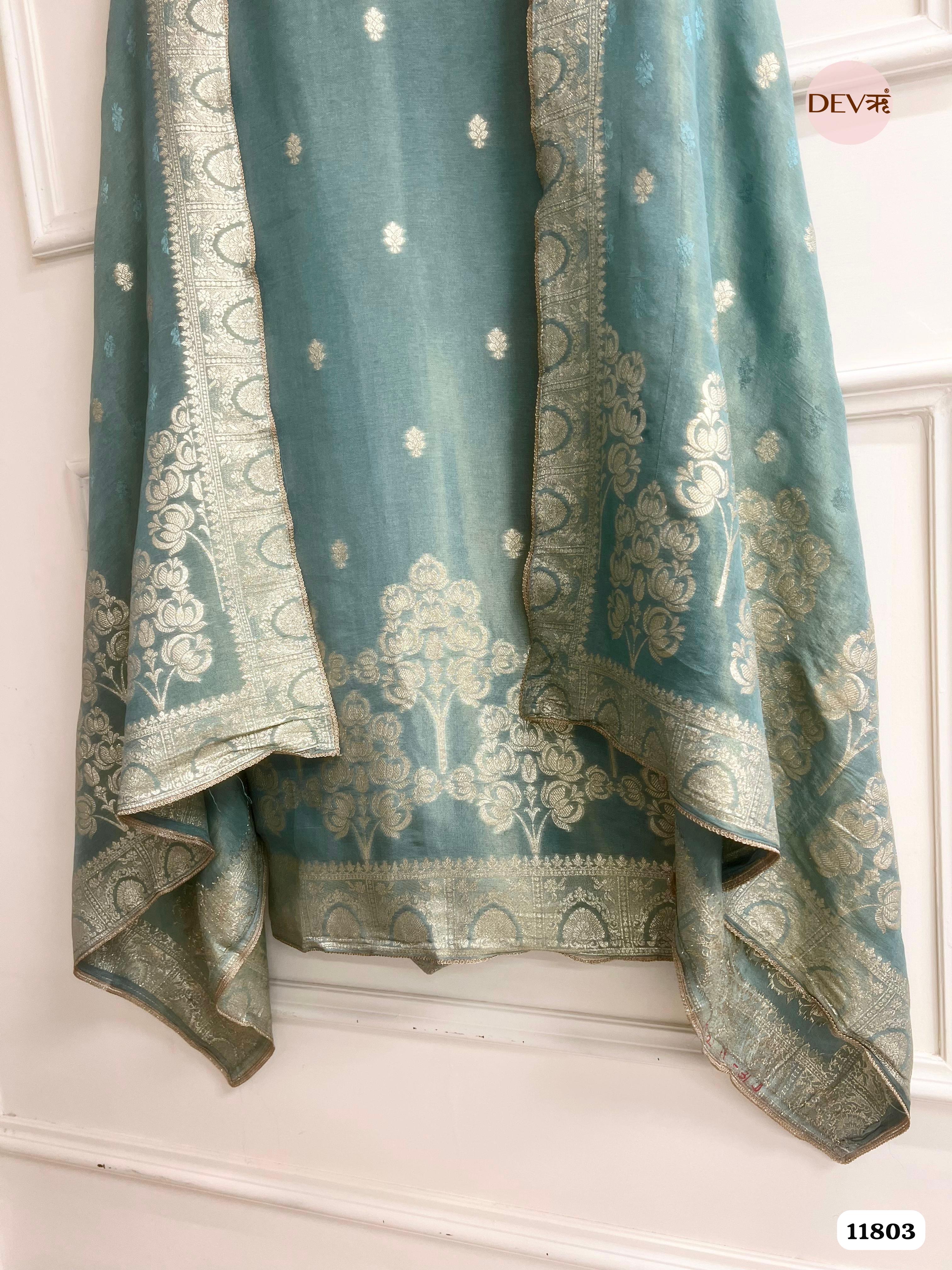 Green Tissue Silk Unstitched Banarasi Weave Hand Embroidered -Set Of 3 {11803}