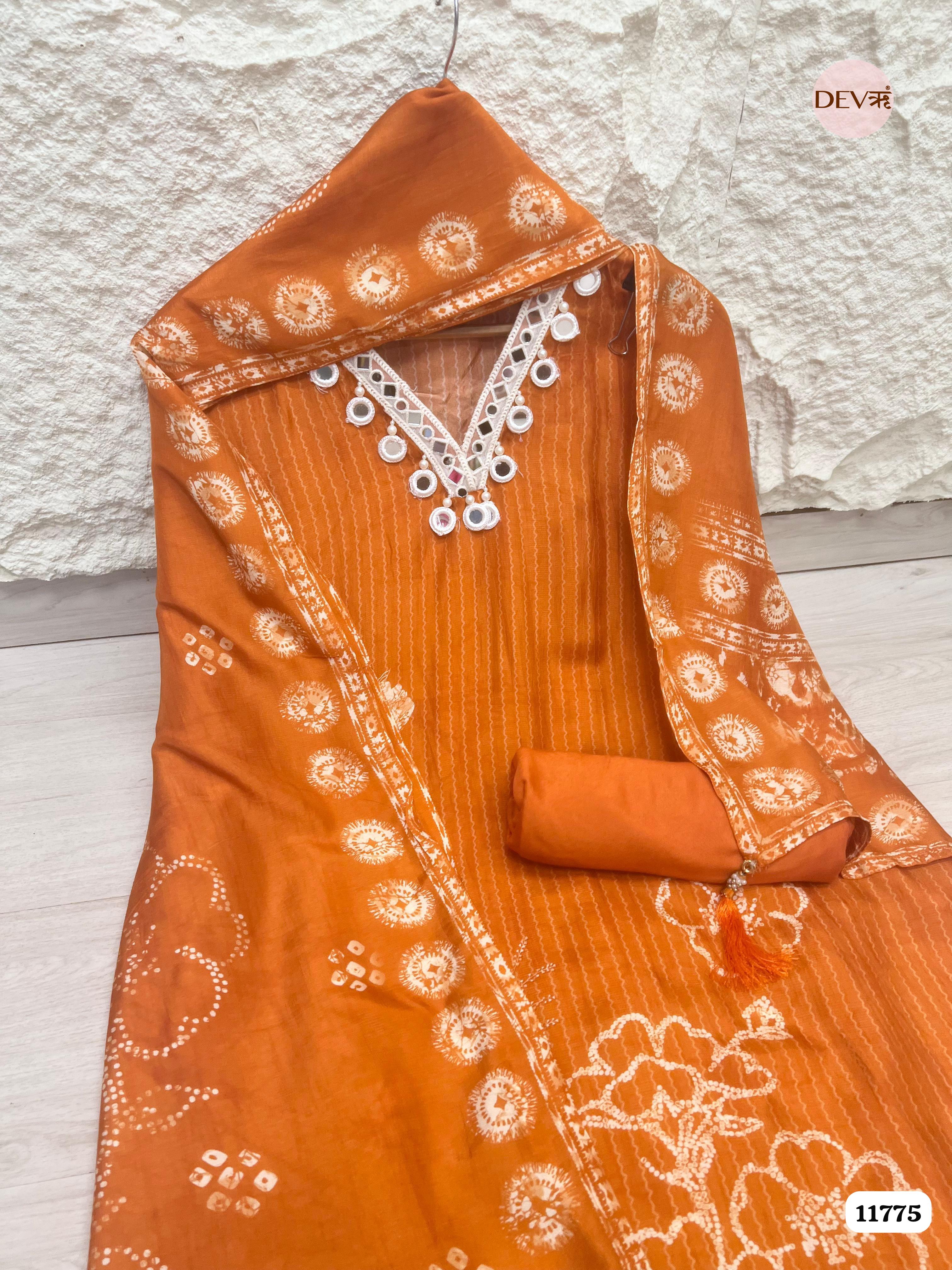 Orange Russian Silk Unstitched Printed Hand Embroidered -Set Of 3 {11775}
