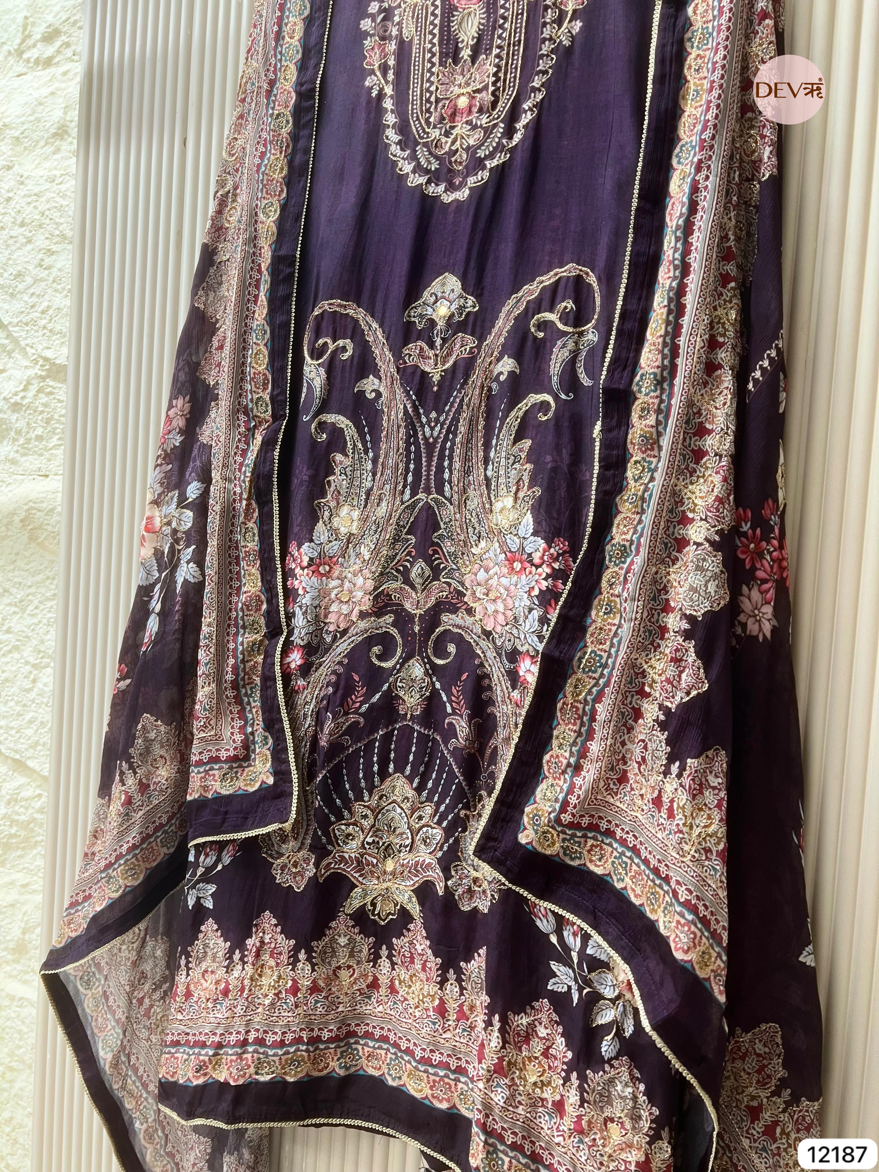 Purple Pure Muslin Unstitched Printed -Set Of 3 - {12187}