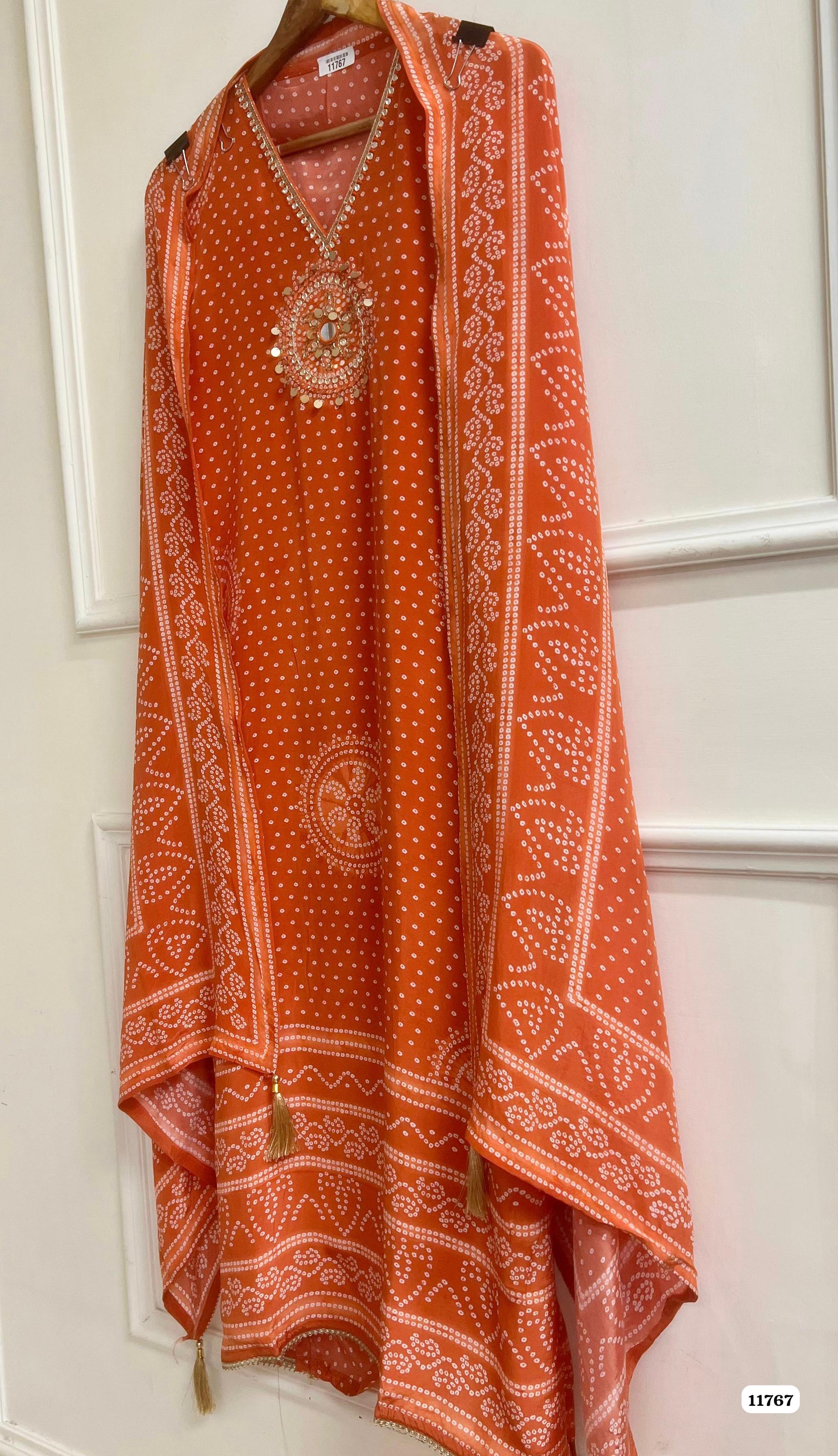 Orange Natural Crepe Unstitched Printed Hand Embroidered -Set Of 3 {11767}