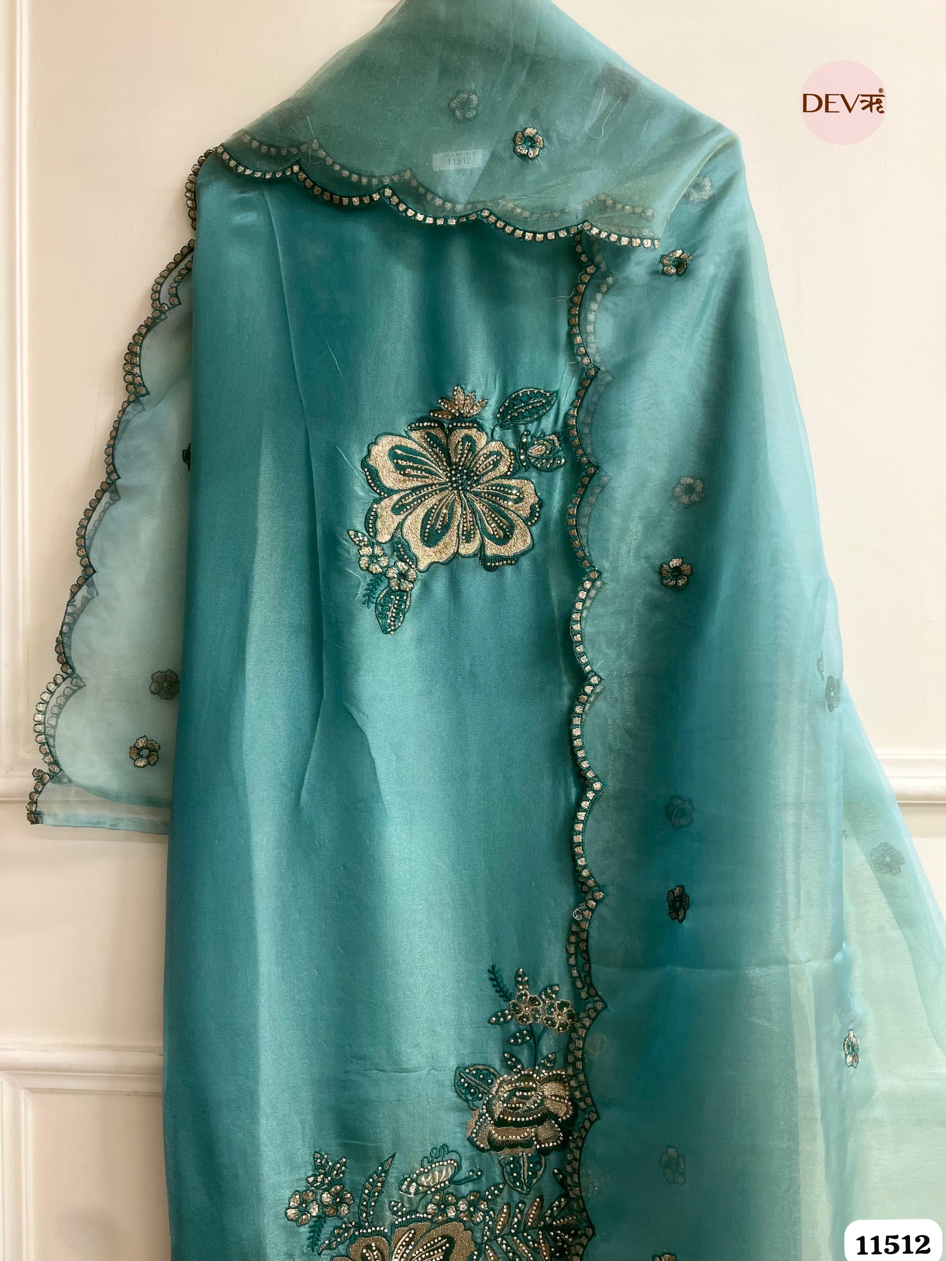 Firoza Blue or Sea Green Tissue Silk Unstitched Hand Embroidered -Set Of 3 {11512}
