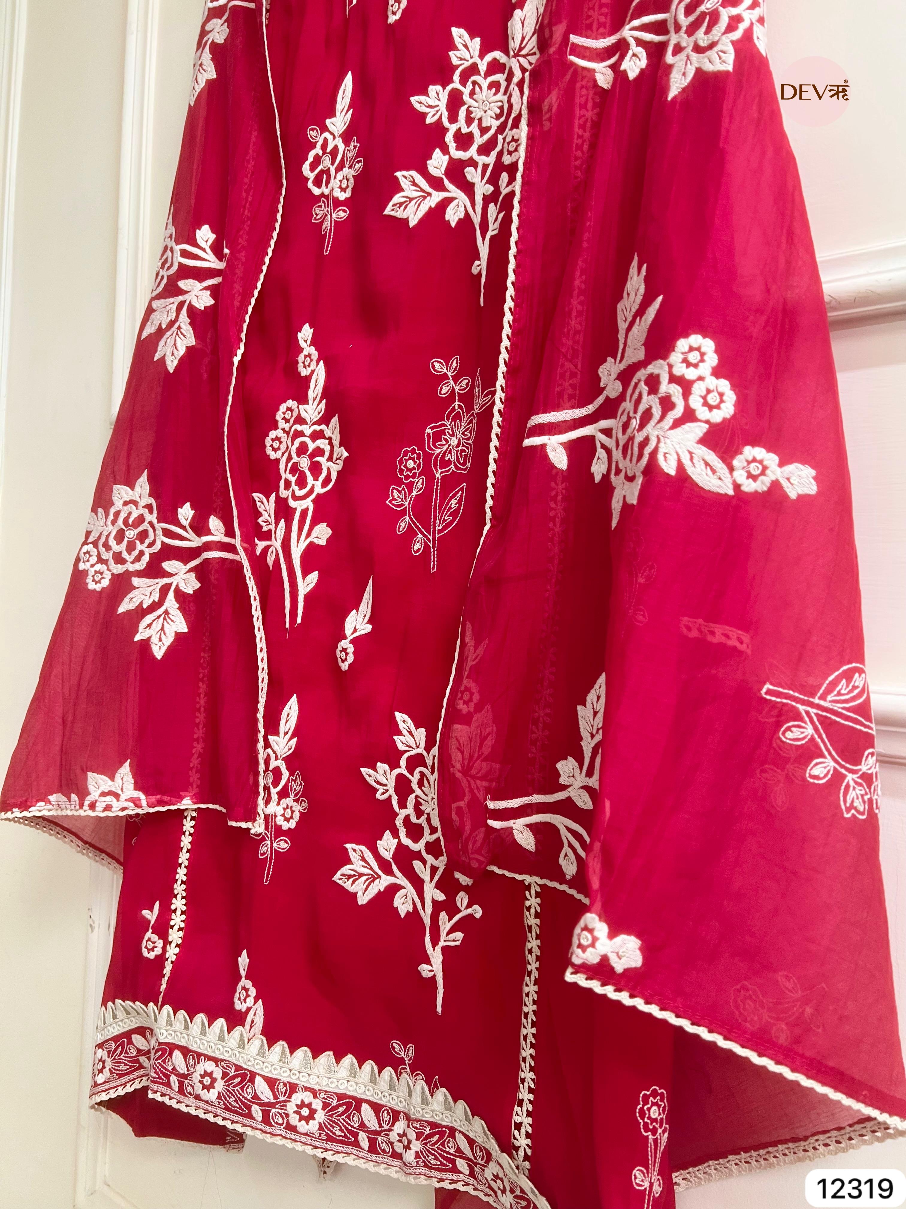 Deep Crimson Mul Chanderi Embroidered Unstitched 3-Piece Suit (Devri – D.No 12319)