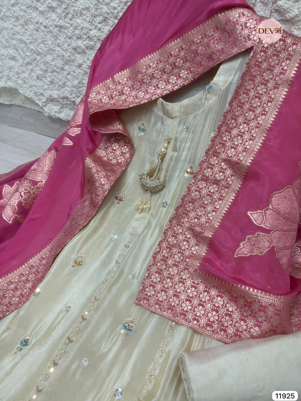 Cream Colour Tissue Shimmer Silk Unstitched Hand Embroidered -Set Of 3 - {11925}
