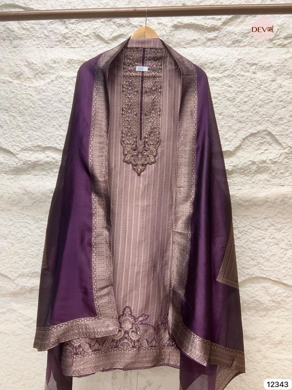 Deep Plum Pure Banarasi Silk Woven Unstitched 3-Piece Suit (Devri – D.No 12343)