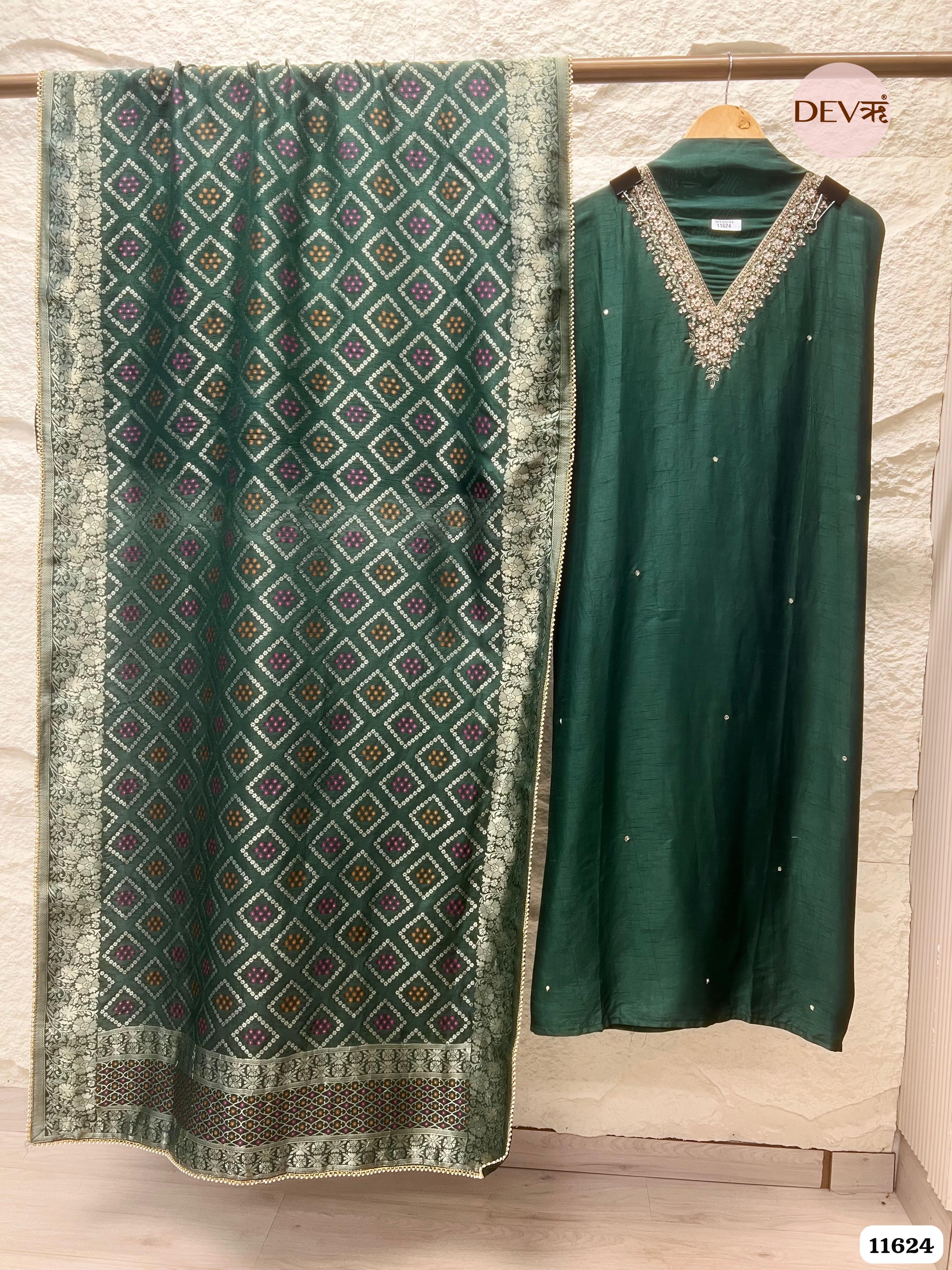 Dark Green Pure Russian Silk Unstitched Hand Embroidered -Set Of 3 {11624}