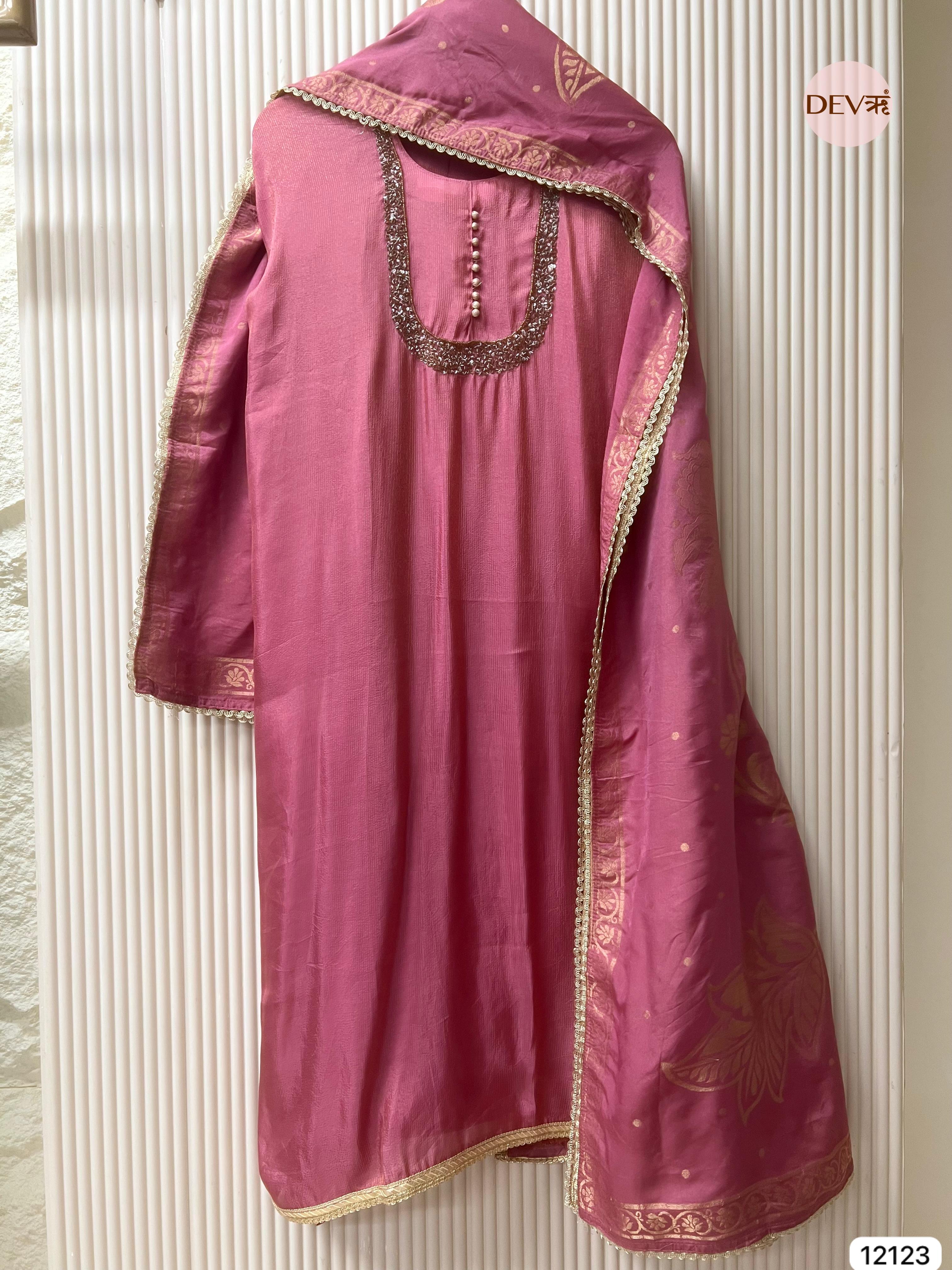 Pink Shimmer Silk Unstitched Hand Embroidered -Set Of 3 - {12123}
