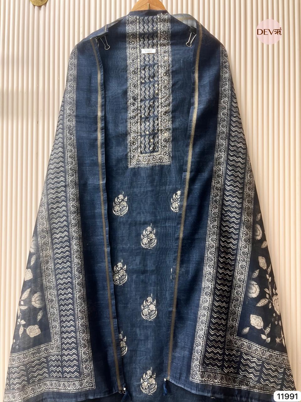 Navy Mul Chanderi Printed Unstitched 3-Piece Suit (Devri – D.No 11991)