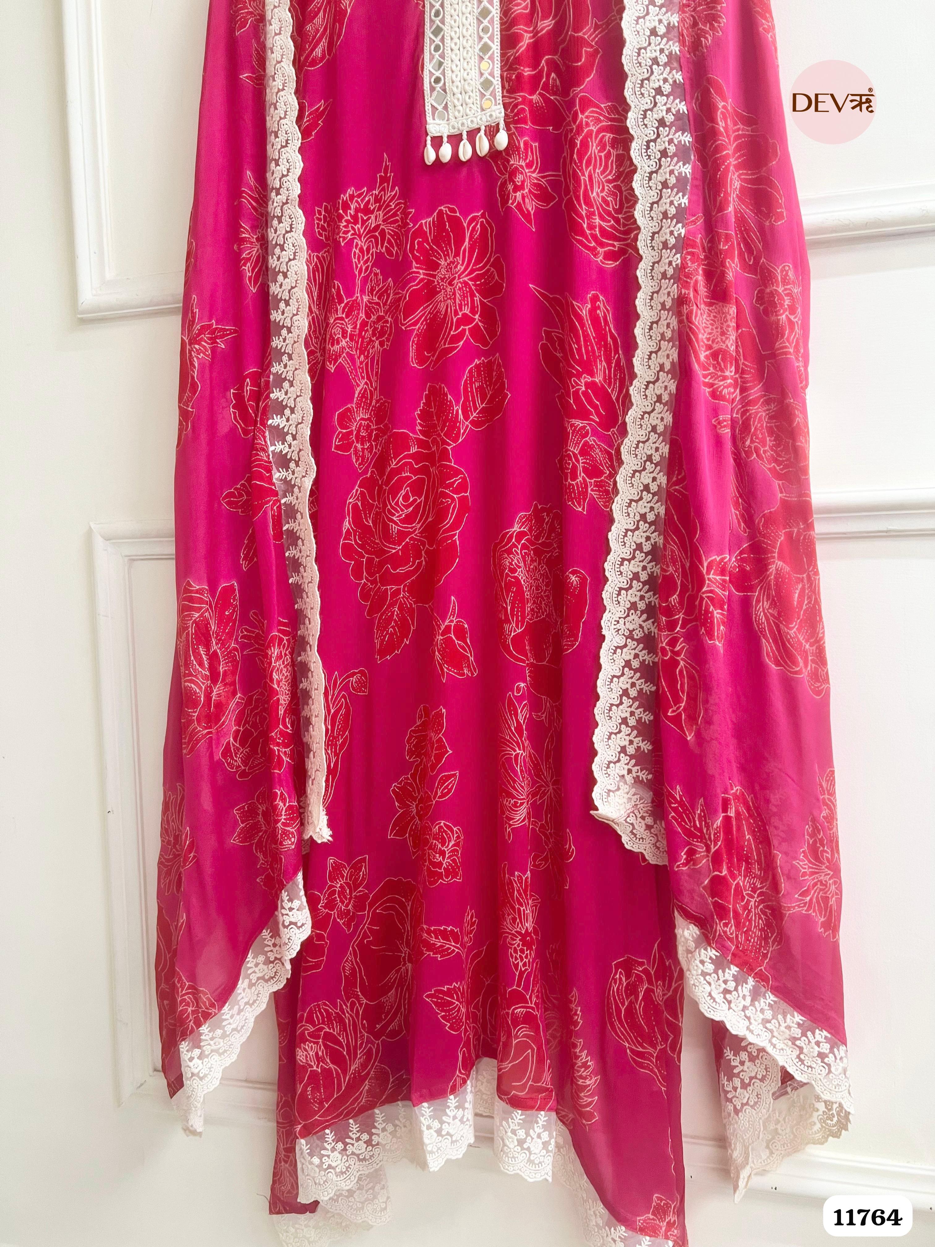 Pink Chinon Unstitched Printed Crocia Laces Set Of 3 {11764}