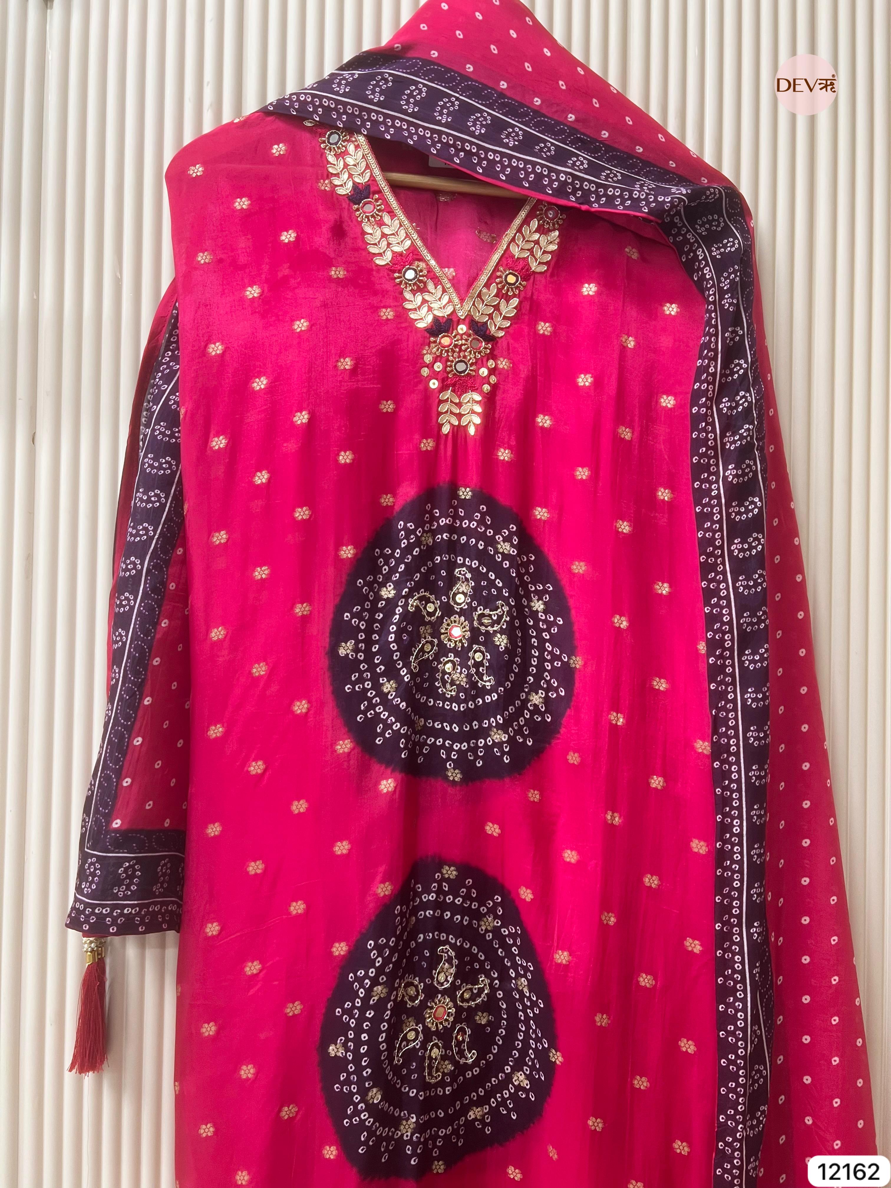 Pink Pure Shimmer Organza Silk Unstitched Banarasi Woven Bandhani Printed Hand Embroidered -Set Of 3 - {12162}