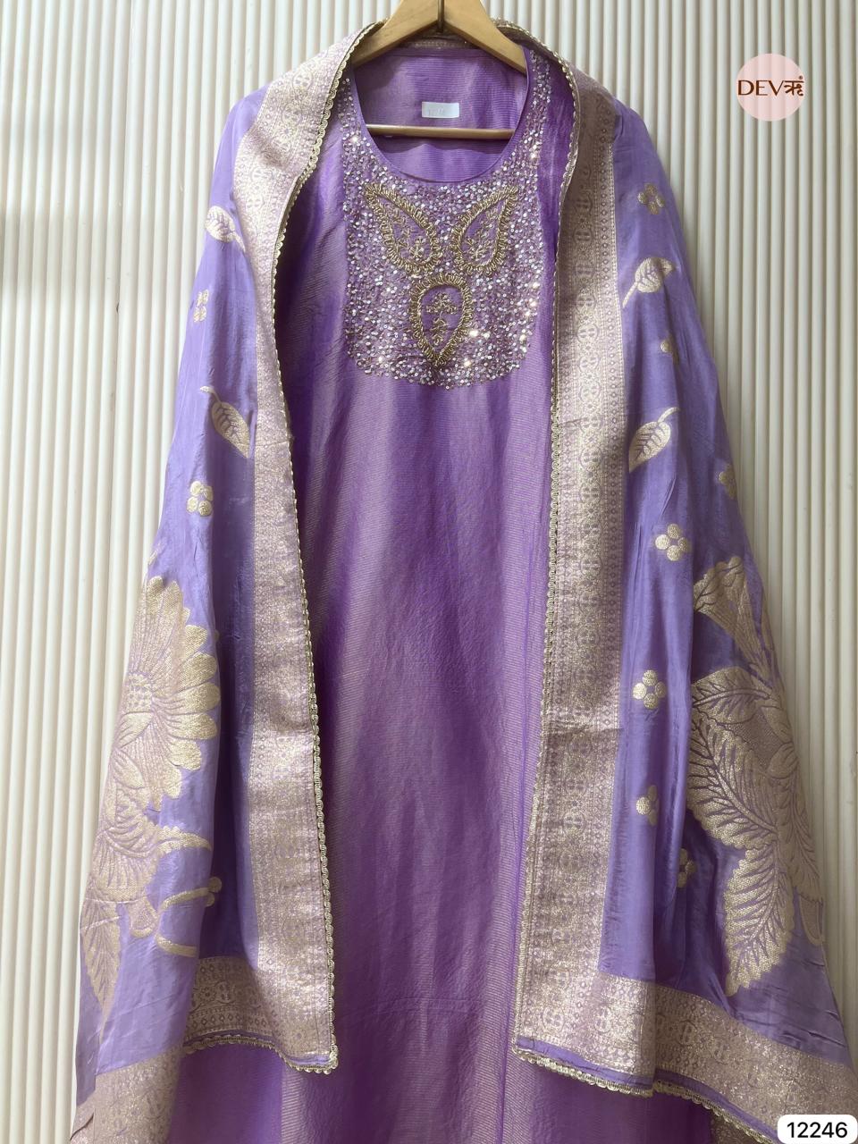 Lavender Tissue Shimmer Silk Embroidered Unstitched 3-Piece Suit (Devri – D.No 12246)