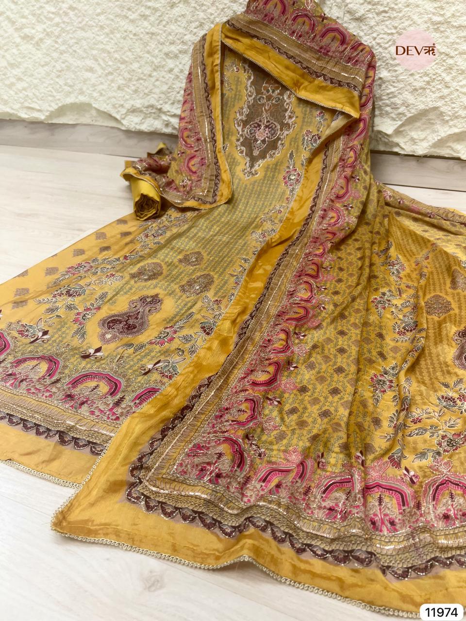 Mustard Gold Pure Muslin Printed Unstitched 3-Piece Suit (Devri – D.No 11974)