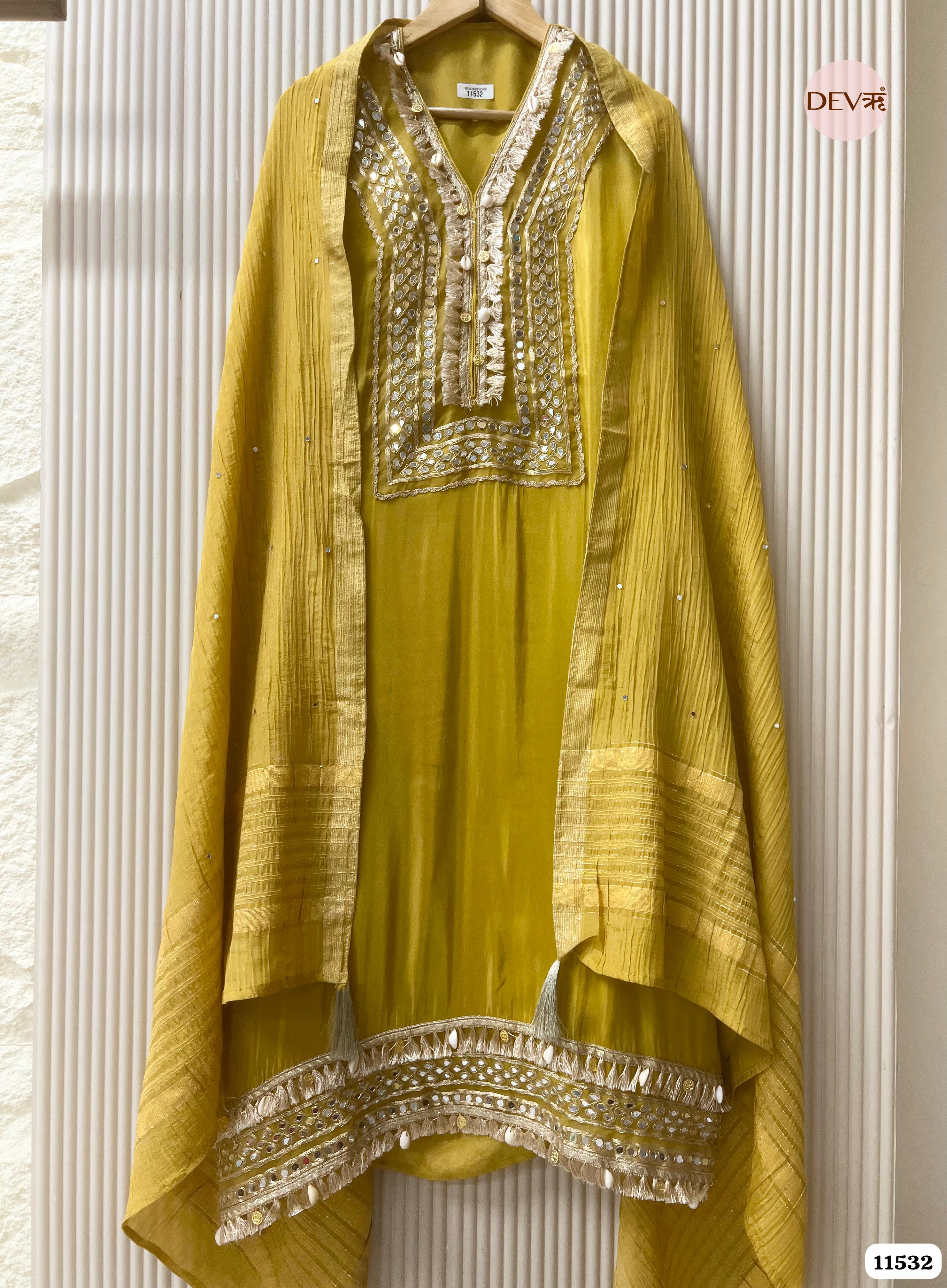 Yellow Pure Tissue Silk Unstitched Hand Embroidered -Set Of 3 {11532}